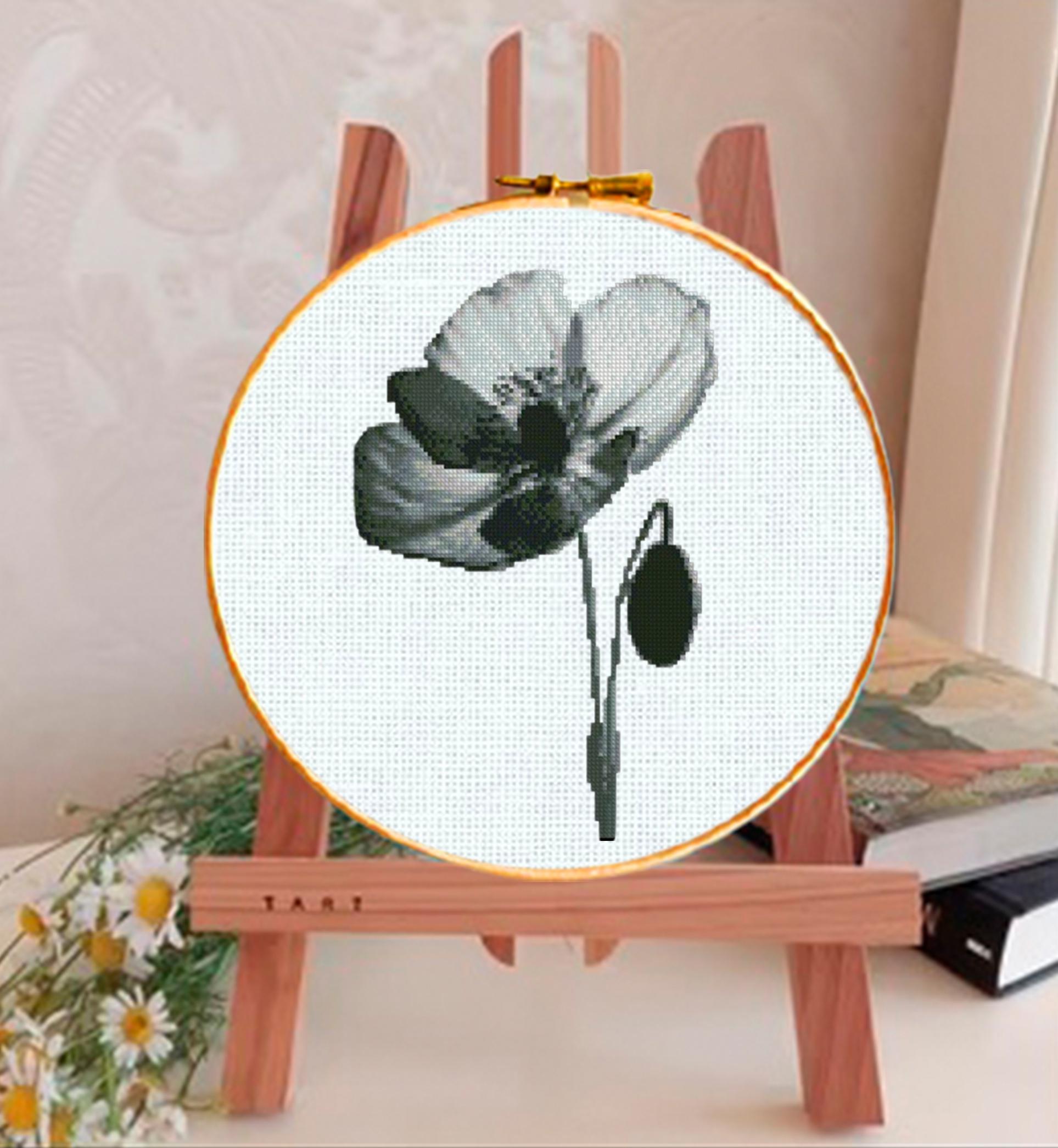 Black Poppy Cross Stitch Pattern PDF, Minimal Botanical Flower Embroidery Chart, Monochrome Floral Round Hoop Design, Instant Download pdf - NuttyHappyHobby