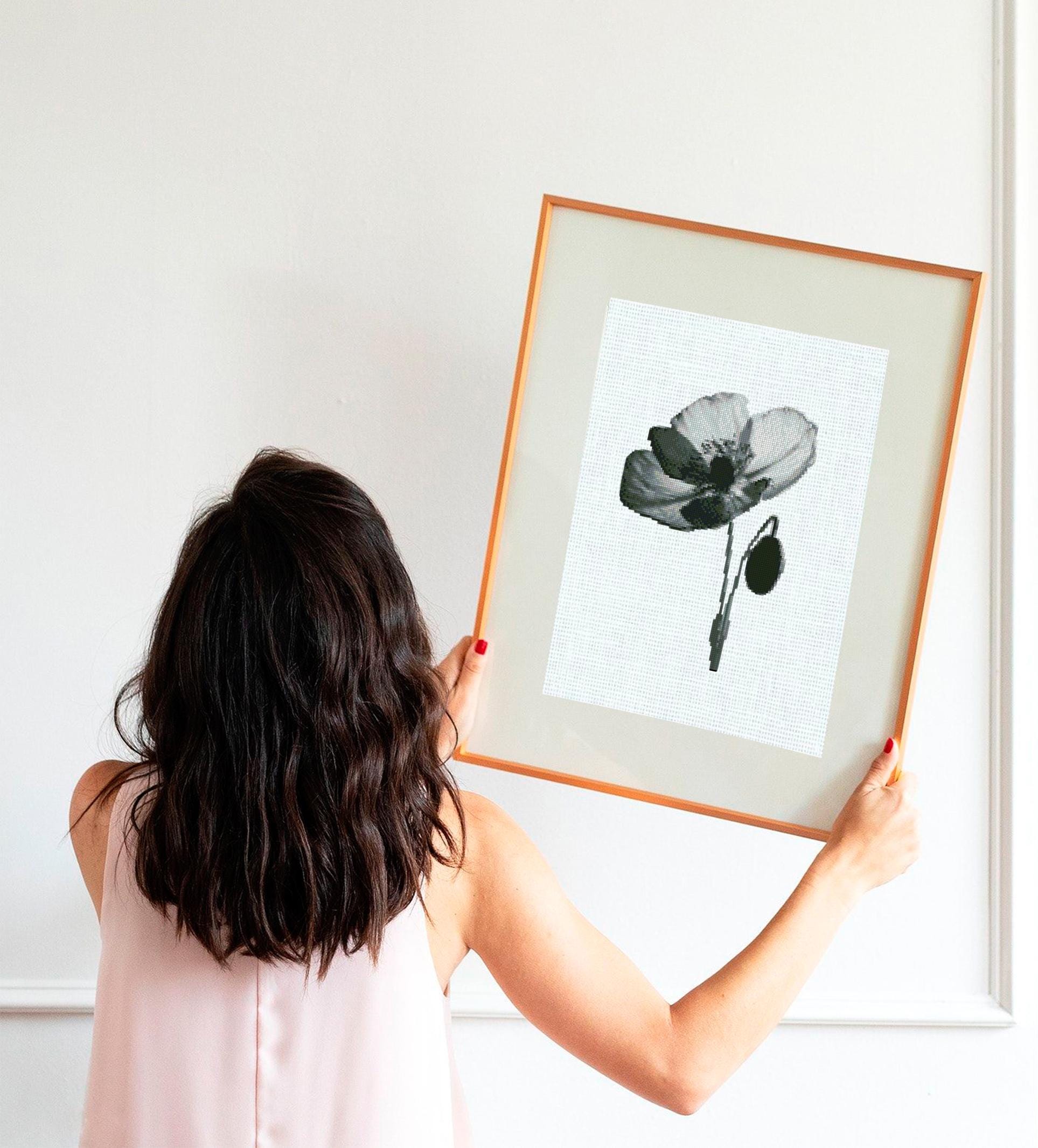 Black Poppy Cross Stitch Pattern PDF, Minimal Botanical Flower Embroidery Chart, Monochrome Floral Round Hoop Design, Instant Download pdf - NuttyHappyHobby