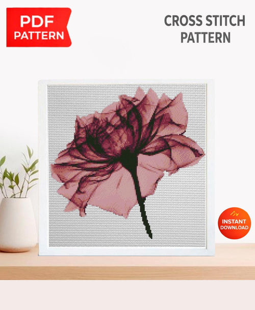 Black Rose Cross Stitch Pattern PDF, Gothic Floral Embroidery Chart, Dark Botanical Flower Design, Monochrome Modern Cross Stitch, Download - NuttyHappyHobby