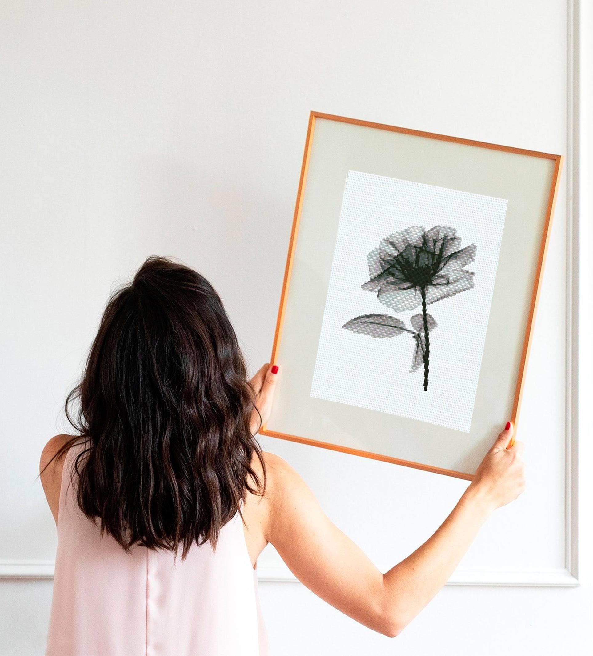 Black Rose Cross Stitch Pattern PDF, Minimal Botanical Flower Embroidery Chart, Gothic Floral Round Hoop Design, Instant Download monochrome - NuttyHappyHobby