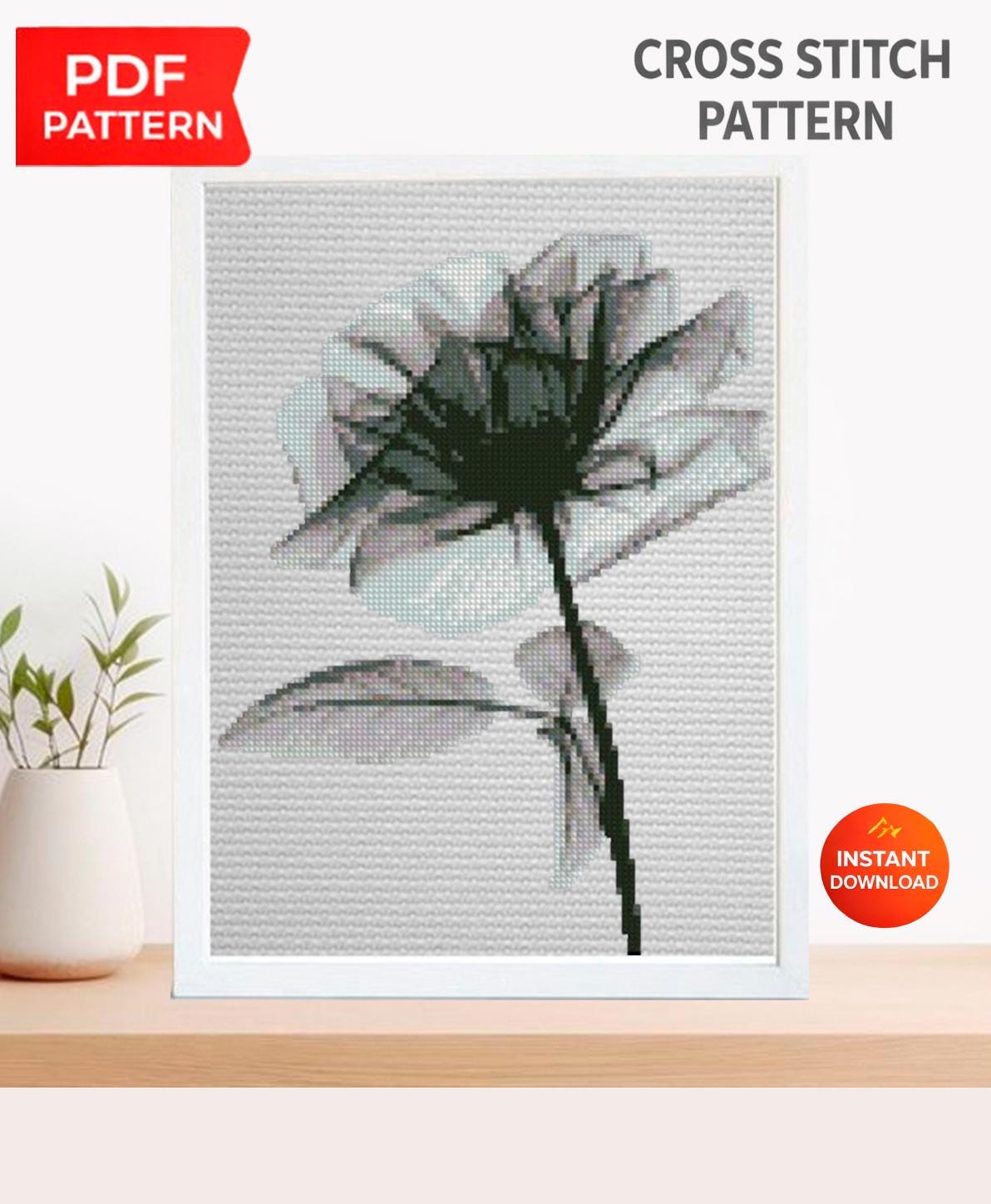 Black Rose Cross Stitch Pattern PDF, Monochrome Flower Embroidery Chart, Gothic Botanical Wall Art, Modern Minimalist, Instant Download pdf - NuttyHappyHobby
