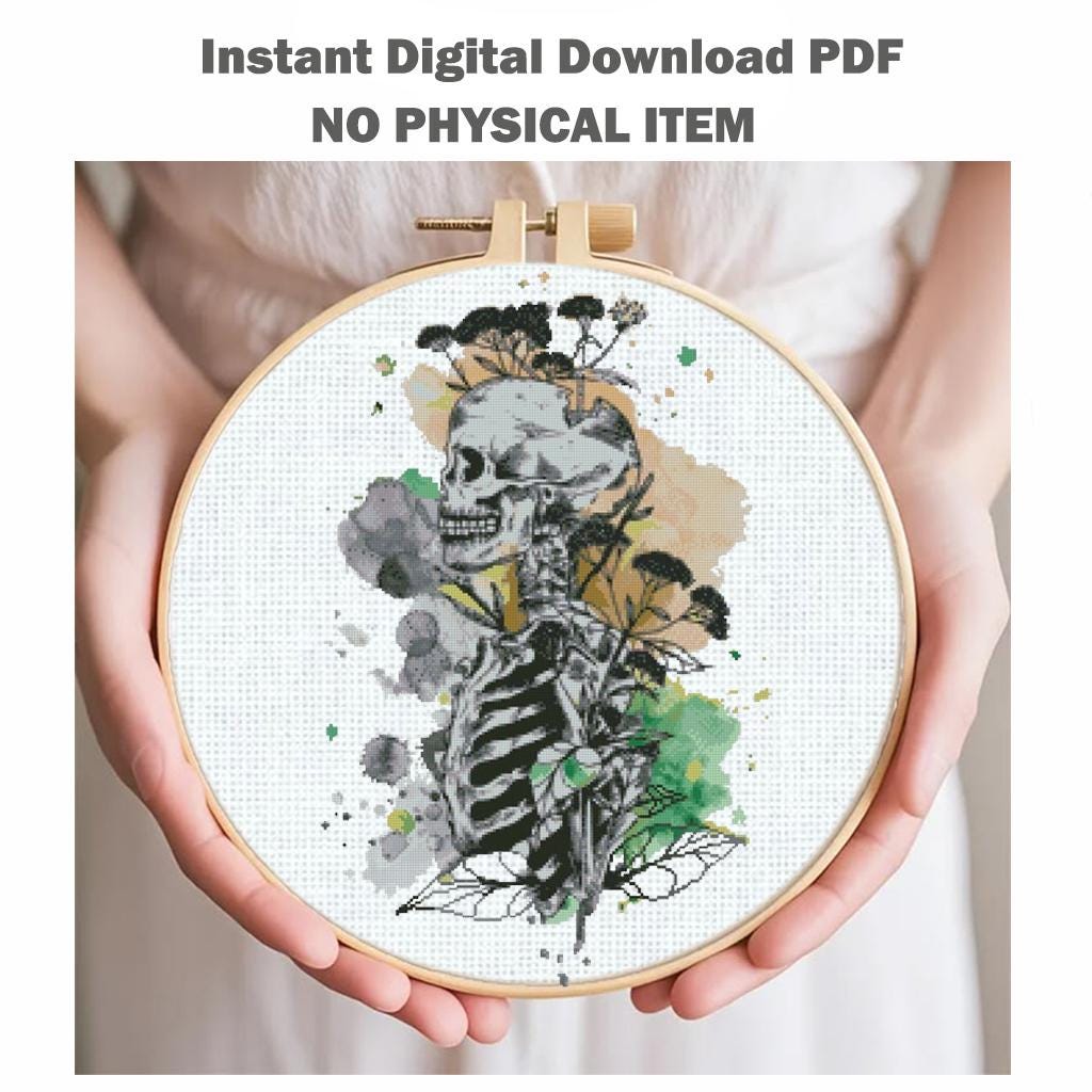 Black Skull Anatomy Cross Stitch Pattern PDF, Gothic Skeleton Embroidery Chart, Dark Academia Medical Art, Human Rib Cage Illustration - NuttyHappyHobby