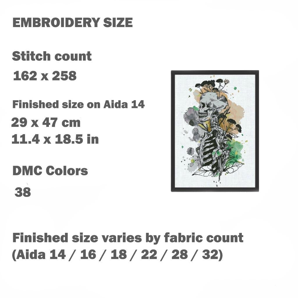 Black Skull Anatomy Cross Stitch Pattern PDF, Gothic Skeleton Embroidery Chart, Dark Academia Medical Art, Human Rib Cage Illustration - NuttyHappyHobby