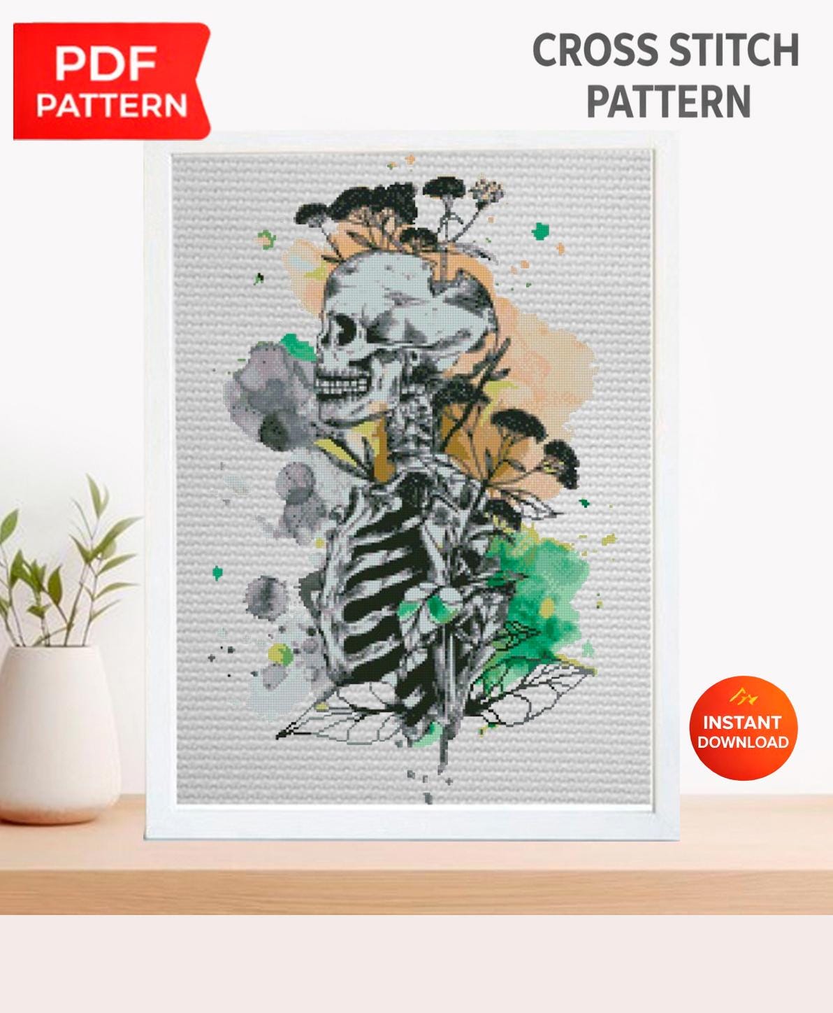 Black Skull Anatomy Cross Stitch Pattern PDF, Gothic Skeleton Embroidery Chart, Dark Academia Medical Art, Human Rib Cage Illustration - NuttyHappyHobby