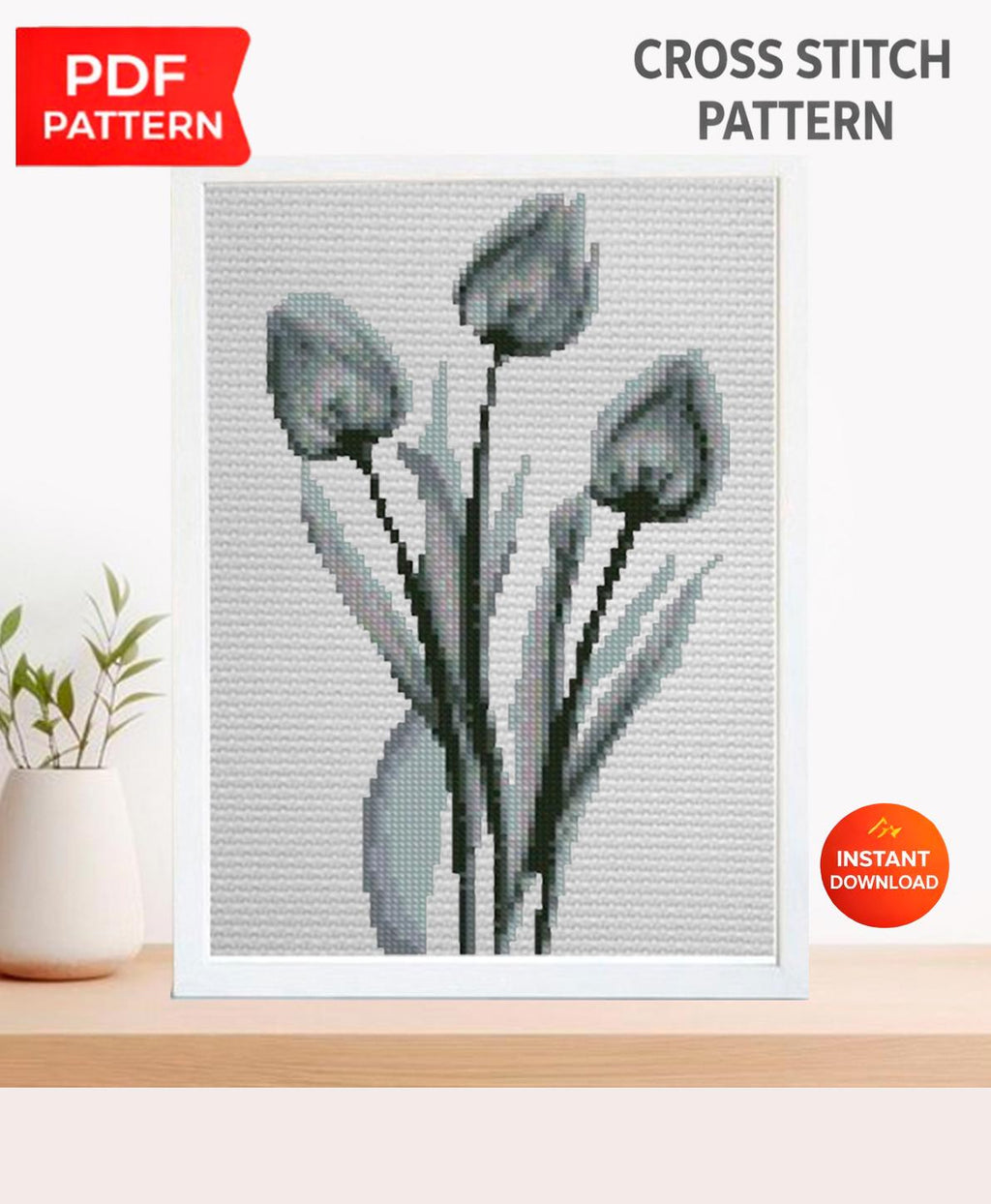 Black Tulip Cross Stitch Pattern PDF, Minimalist Botanical Flower Embroidery Chart, Monochrome Modern Floral Design, Round Hoop Wall Art - NuttyHappyHobby
