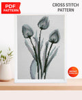 Black Tulip Cross Stitch Pattern PDF, Minimalist Botanical Flower Embroidery Chart, Monochrome Modern Floral Design, Round Hoop Wall Art - NuttyHappyHobby