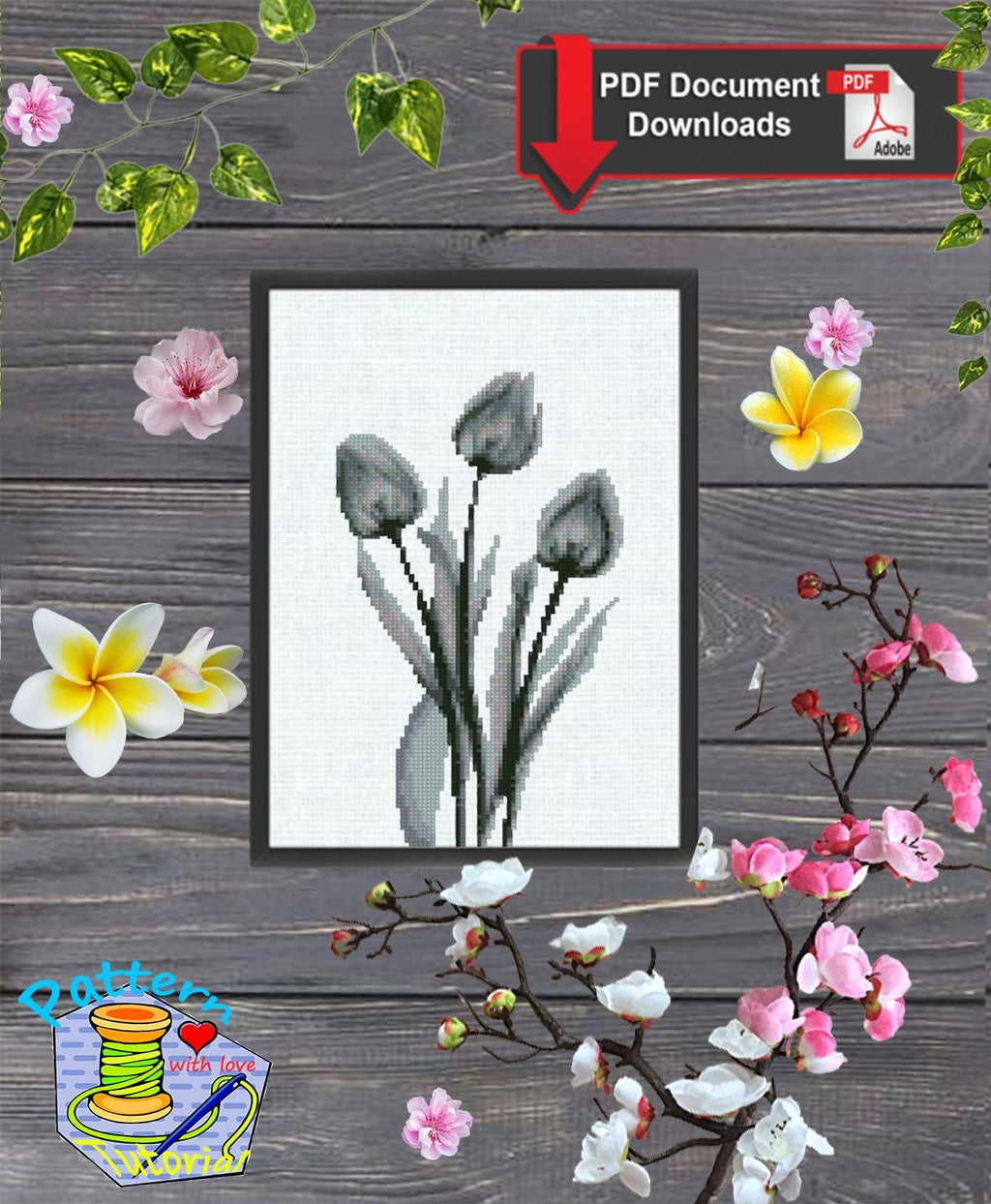 Black Tulip Cross Stitch Pattern PDF, Minimalist Botanical Flower Embroidery Chart, Monochrome Modern Floral Design, Round Hoop Wall Art - NuttyHappyHobby