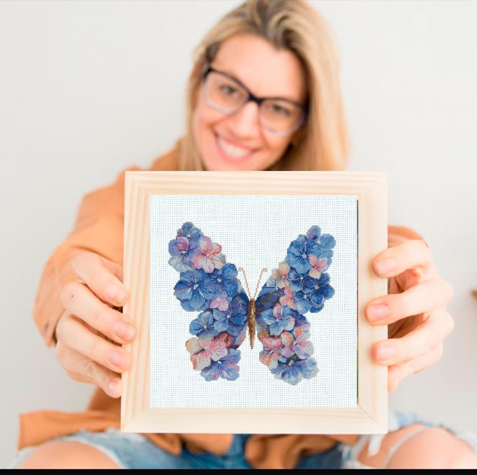 Blue Butterfly Cross Stitch Pattern PDF, Floral Butterfly Embroidery Design, Botanical Nature Cross Stitch Chart, Spring Needlepoint - NuttyHappyHobby