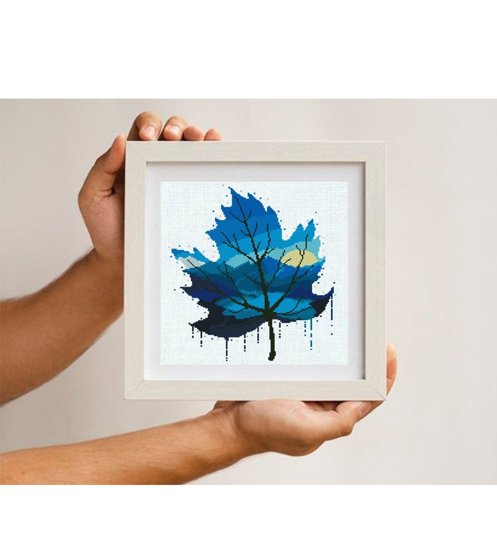 Blue Leaf Cross Stitch Pattern PDF, Modern Nature Leaf Embroidery Design, Botanical Cross Stitch Pattern, Instant Digital Download pdf - NuttyHappyHobby
