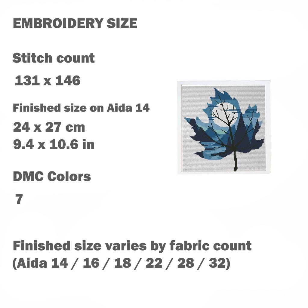Blue Leaf Cross Stitch Pattern PDF, Moon Night Landscape Embroidery Design, Tree Silhouette Nature Cross Stitch, Modern Forest Art, Download - NuttyHappyHobby
