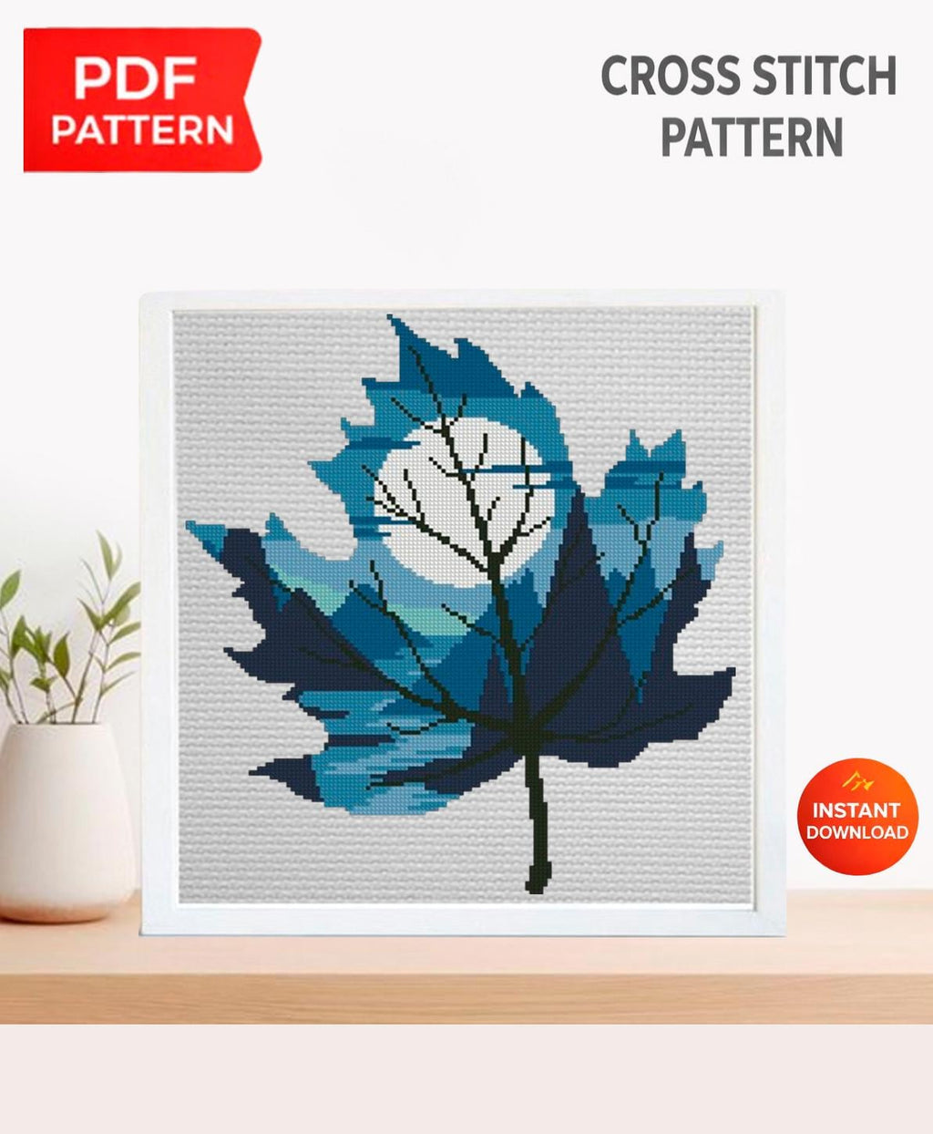 Blue Leaf Cross Stitch Pattern PDF, Moon Night Landscape Embroidery Design, Tree Silhouette Nature Cross Stitch, Modern Forest Art, Download - NuttyHappyHobby
