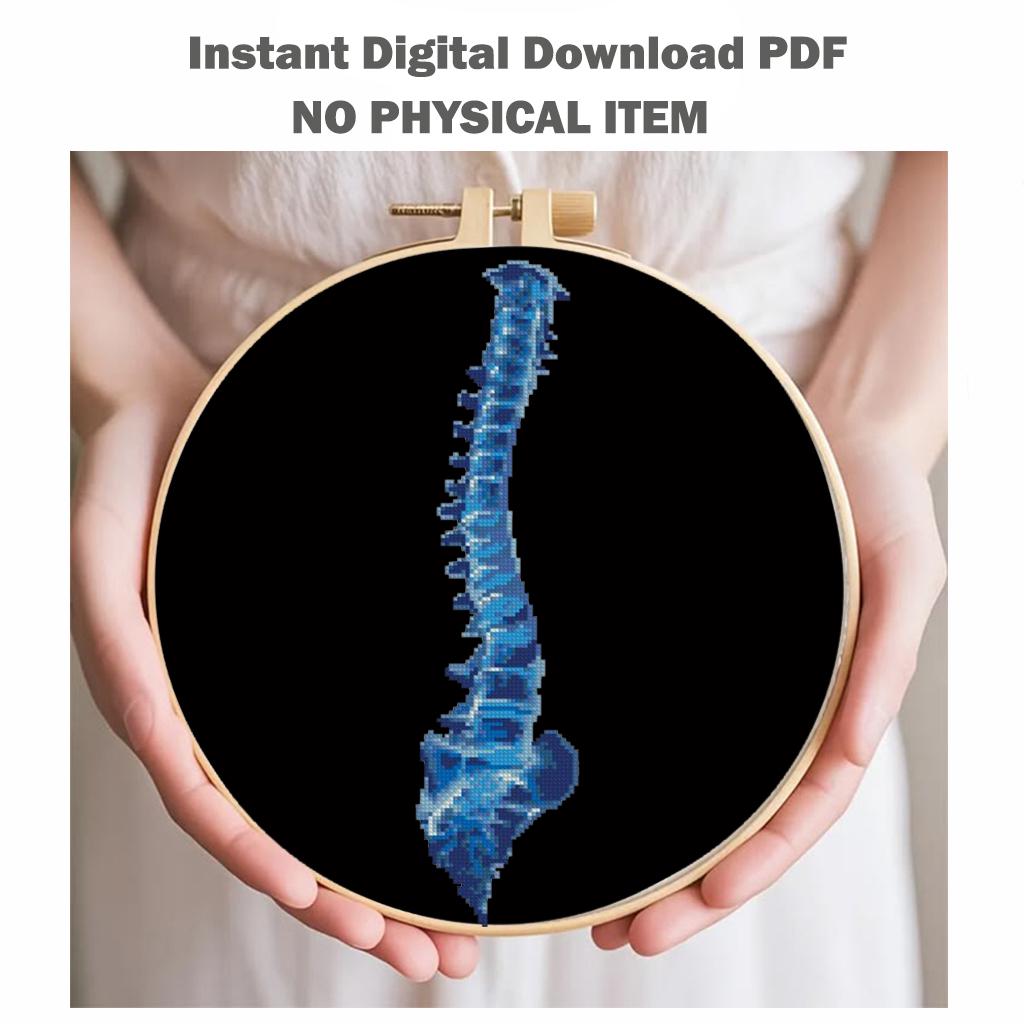 Blue Spine Cross Stitch Pattern PDF, Human Spine Anatomy Embroidery, Medical Cross Stitch, Gothic Anatomy Art, Xray Skeleton Stitch Download - NuttyHappyHobby