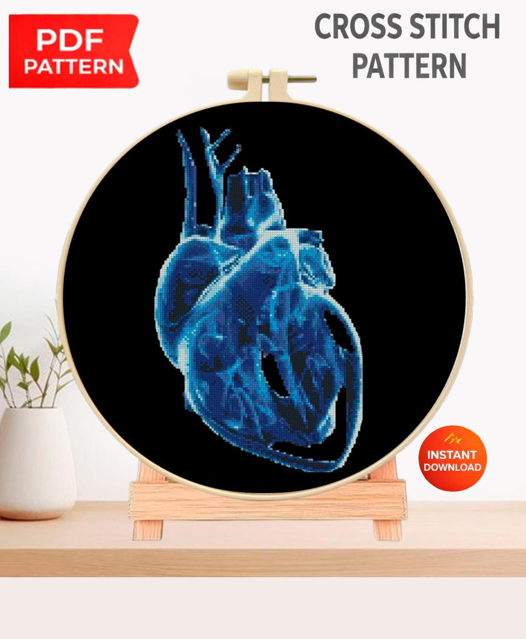 Blue X - Ray Heart Cross Stitch Pattern PDF, Anatomical Heart Embroidery Chart, Radiology Style Medical Art, Gothic Decor, Instant Download - NuttyHappyHobby