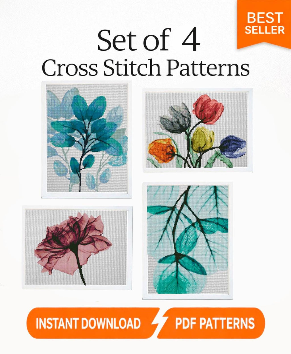 Botanical Cross Stitch Pattern Set PDF, Tulip Rose Leaf Designs, Modern Floral Embroidery Charts, Minimalist Nature Hoop Wall Art, download - NuttyHappyHobby