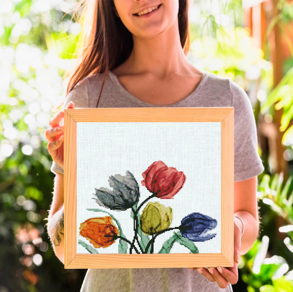 Botanical Cross Stitch Pattern Set PDF, Tulip Rose Leaf Designs, Modern Floral Embroidery Charts, Minimalist Nature Hoop Wall Art, download - NuttyHappyHobby