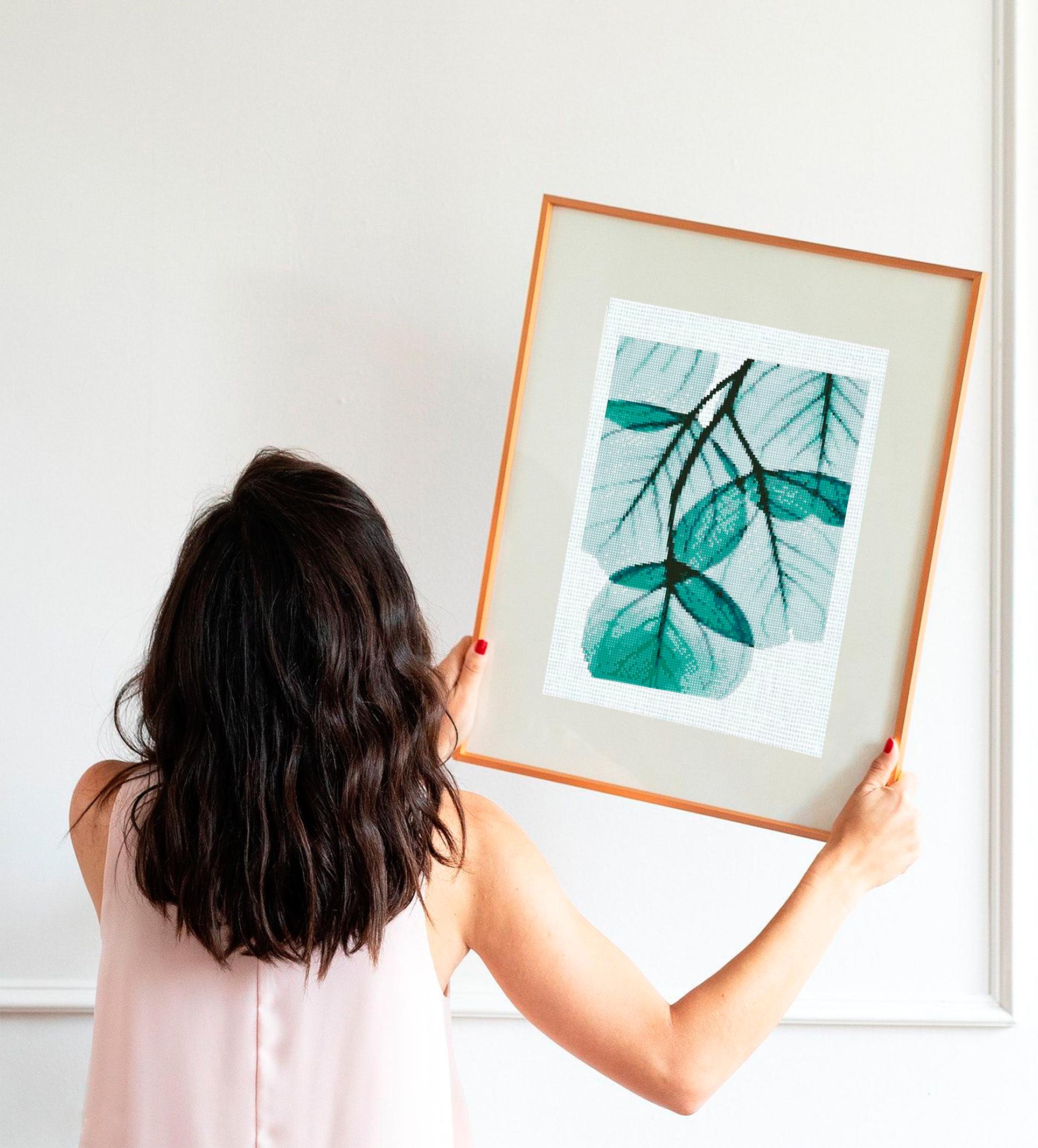 Botanical Leaf Cross Stitch Pattern PDF, Modern Green Leaves Embroidery Chart, Minimalist Nature Hoop Wall Art, Instant Download pdf - NuttyHappyHobby