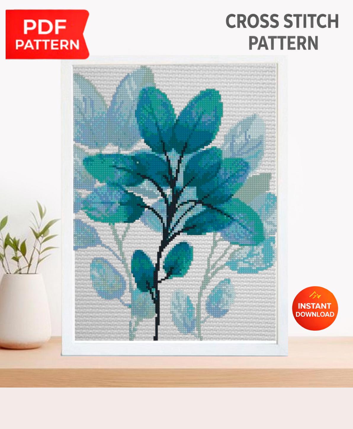 Botanical Leaf Cross Stitch Pattern PDF, Modern Plant Embroidery Design, Green Leaves Cross Stitch Chart, Minimalist Needlework, Download - NuttyHappyHobby