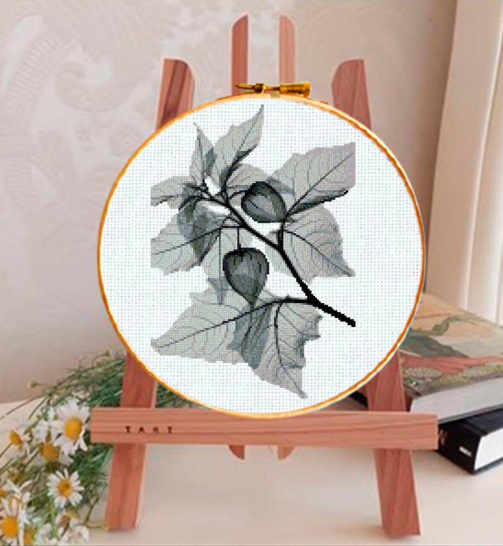 Botanical Leaf Cross Stitch Pattern Set PDF, 5 Modern Minimal Floral Designs, Watercolor Blackwork Style, Instant Download, Hoop Wall Art - NuttyHappyHobby