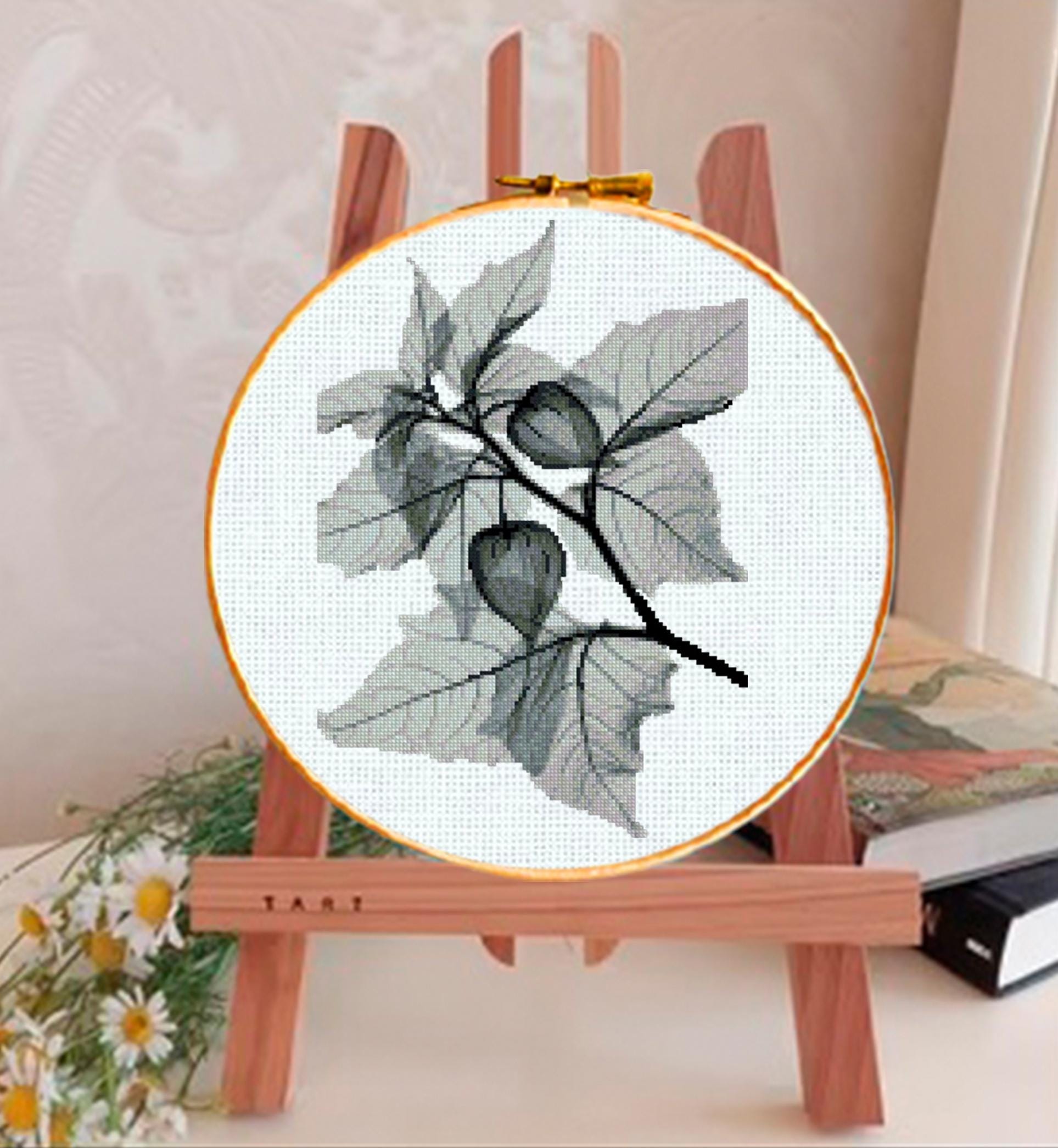 Botanical Leaf Cross Stitch Pattern Set PDF, 5 Modern Minimal Floral Designs, Watercolor Blackwork Style, Instant Download, Hoop Wall Art - NuttyHappyHobby