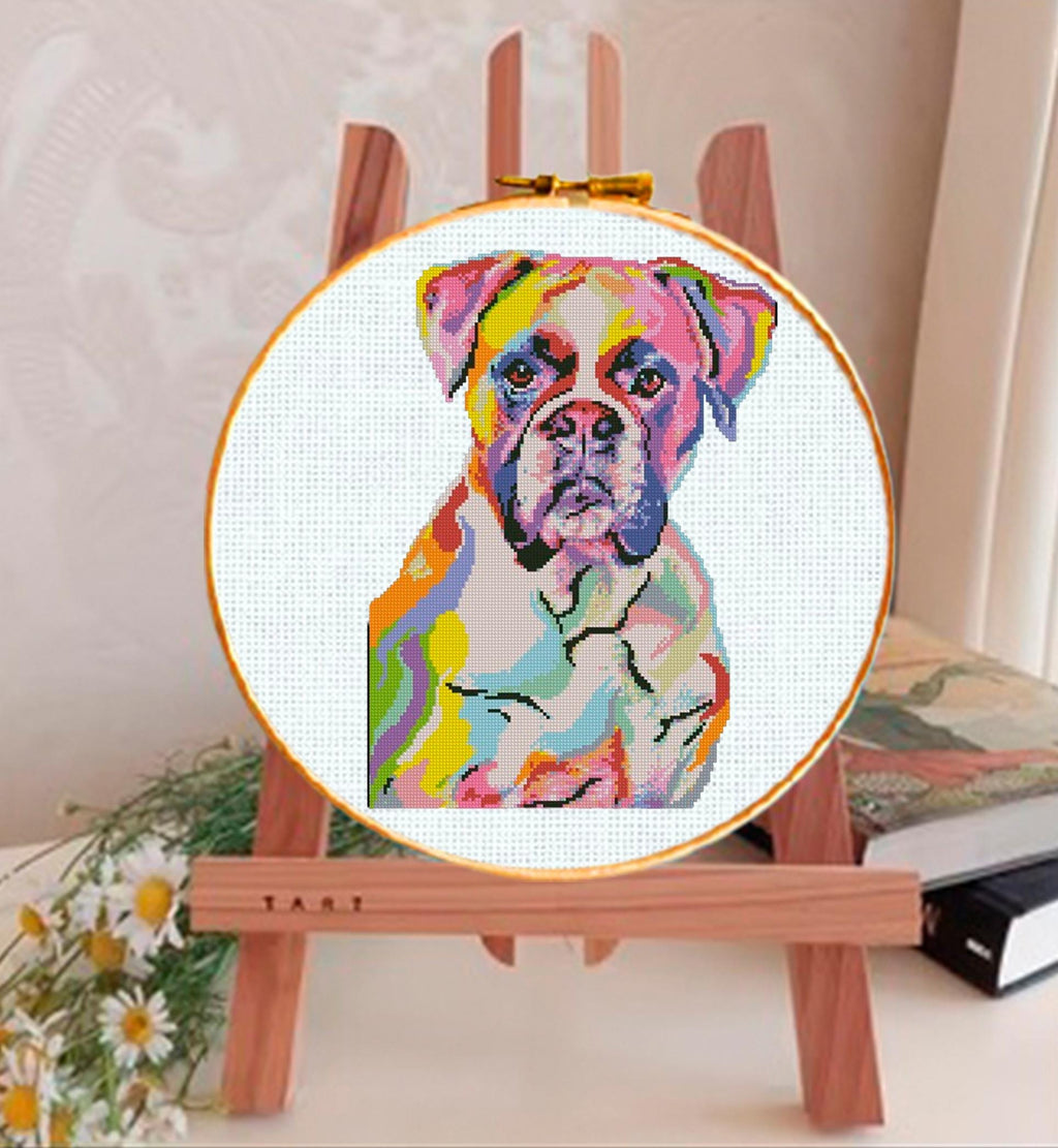 Boxer Dog Cross Stitch Pattern PDF, Colorful Boxer Dog Embroidery Design, Modern Dog Portrait Needlework Chart, Dog Lover Gift, download - NuttyHappyHobby