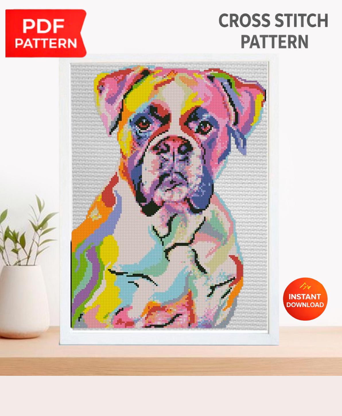 Boxer Dog Cross Stitch Pattern PDF, Colorful Boxer Dog Embroidery Design, Modern Dog Portrait Needlework Chart, Dog Lover Gift, download - NuttyHappyHobby