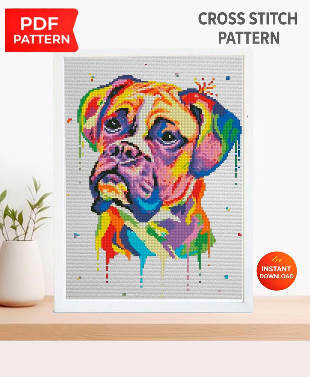 Boxer Dog Cross Stitch Pattern PDF, Colorful Boxer Portrait Embroidery Design, Modern Dog Needlework Chart, Dog Lover Gift, Pet download pdf - NuttyHappyHobby