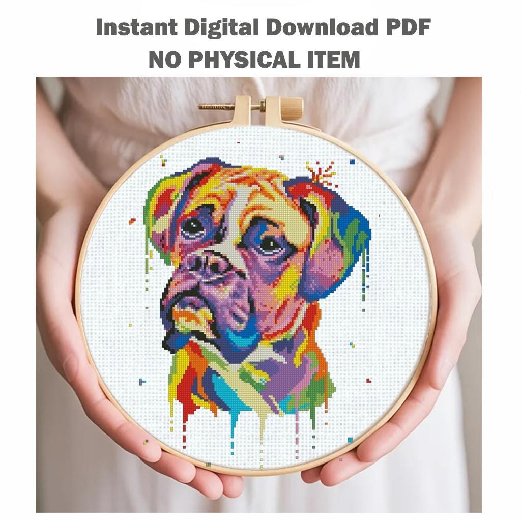 Boxer Dog Cross Stitch Pattern PDF, Colorful Boxer Portrait Embroidery Design, Modern Dog Needlework Chart, Dog Lover Gift, Pet download pdf - NuttyHappyHobby