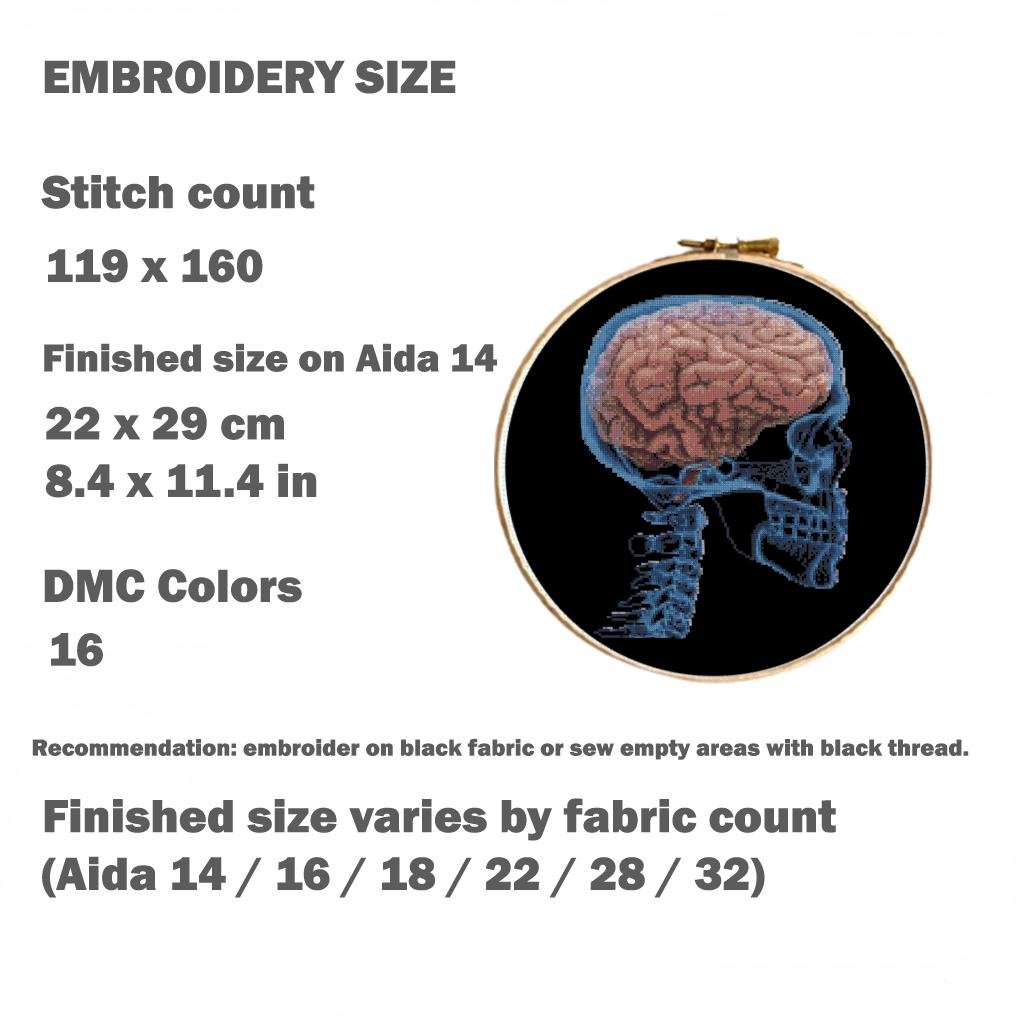 Brain X Ray Cross Stitch Pattern PDF, Human Skull Anatomy Embroidery Design, Neuroscience Medical Wall Art Download, Pattern Keeper - NuttyHappyHobby