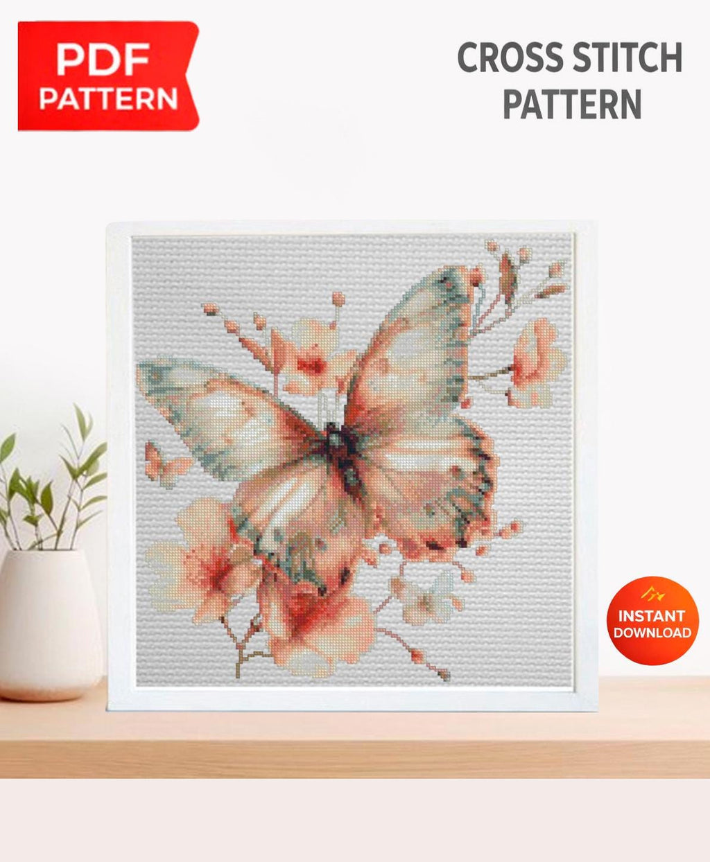 Butterfly Cross Stitch Pattern PDF, Floral Butterfly Embroidery Design, Botanical Cross Stitch Chart, Spring Nature Needlepoint, Keeper - NuttyHappyHobby