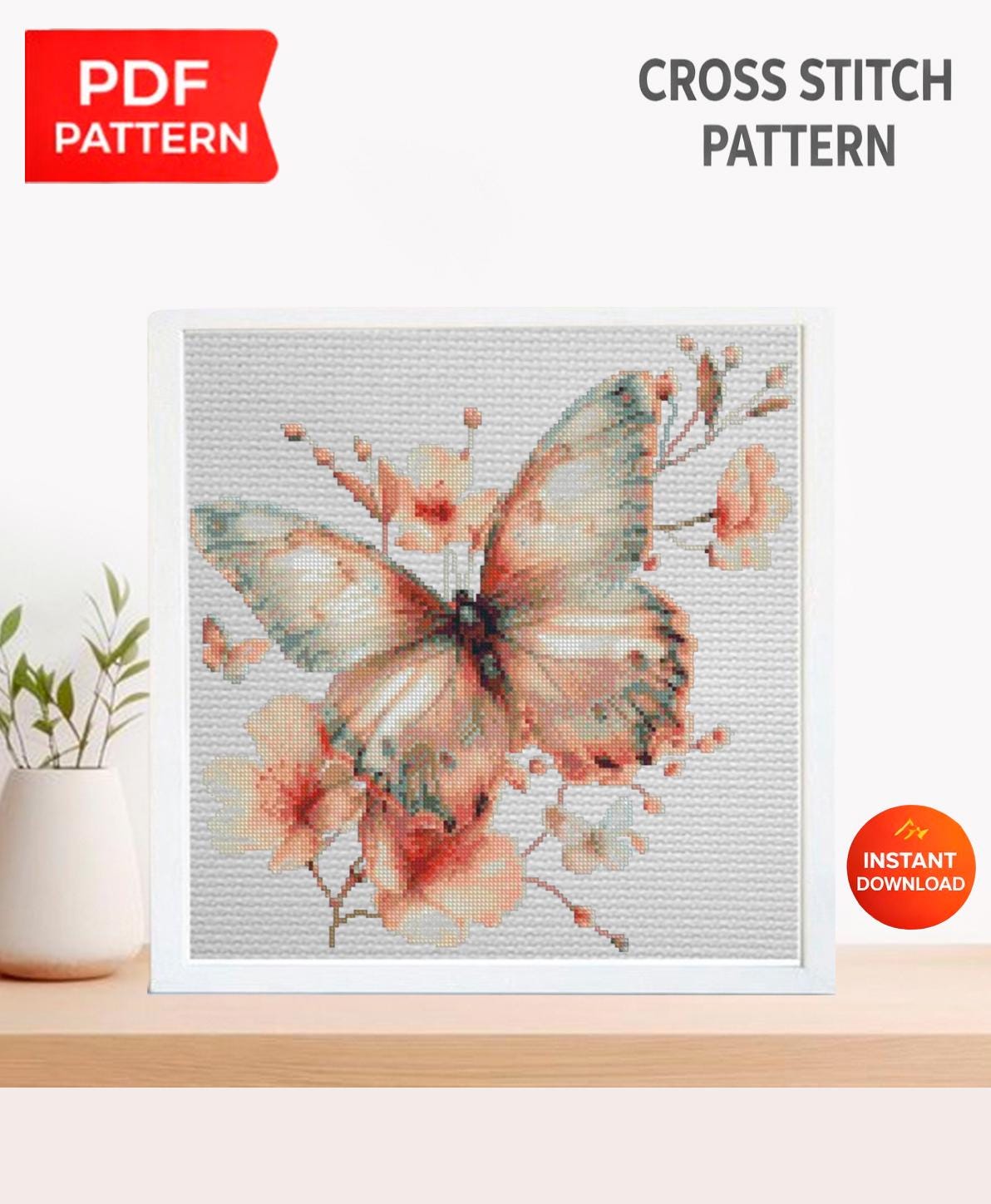 Butterfly Cross Stitch Pattern PDF, Floral Butterfly Embroidery Design, Botanical Cross Stitch Chart, Spring Nature Needlepoint, Keeper - NuttyHappyHobby