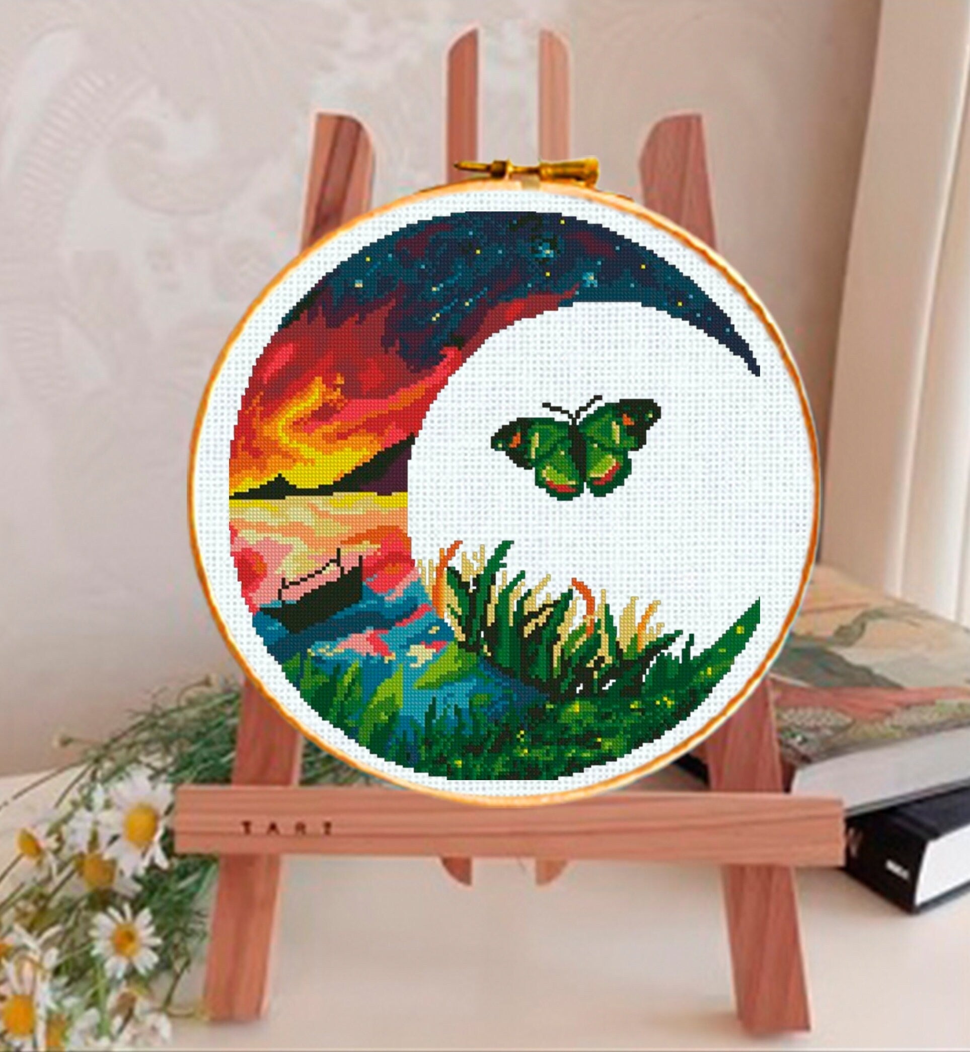 Butterfly Cross Stitch Pattern PDF, Sunset Landscape Embroidery Design, Nature Butterfly Modern Cross Stitch Digital Download PDF - NuttyHappyHobby