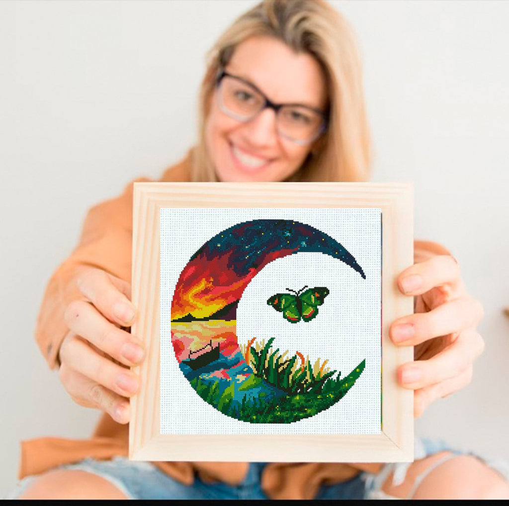 Butterfly Cross Stitch Pattern PDF, Sunset Landscape Embroidery Design, Nature Butterfly Modern Cross Stitch Digital Download PDF - NuttyHappyHobby