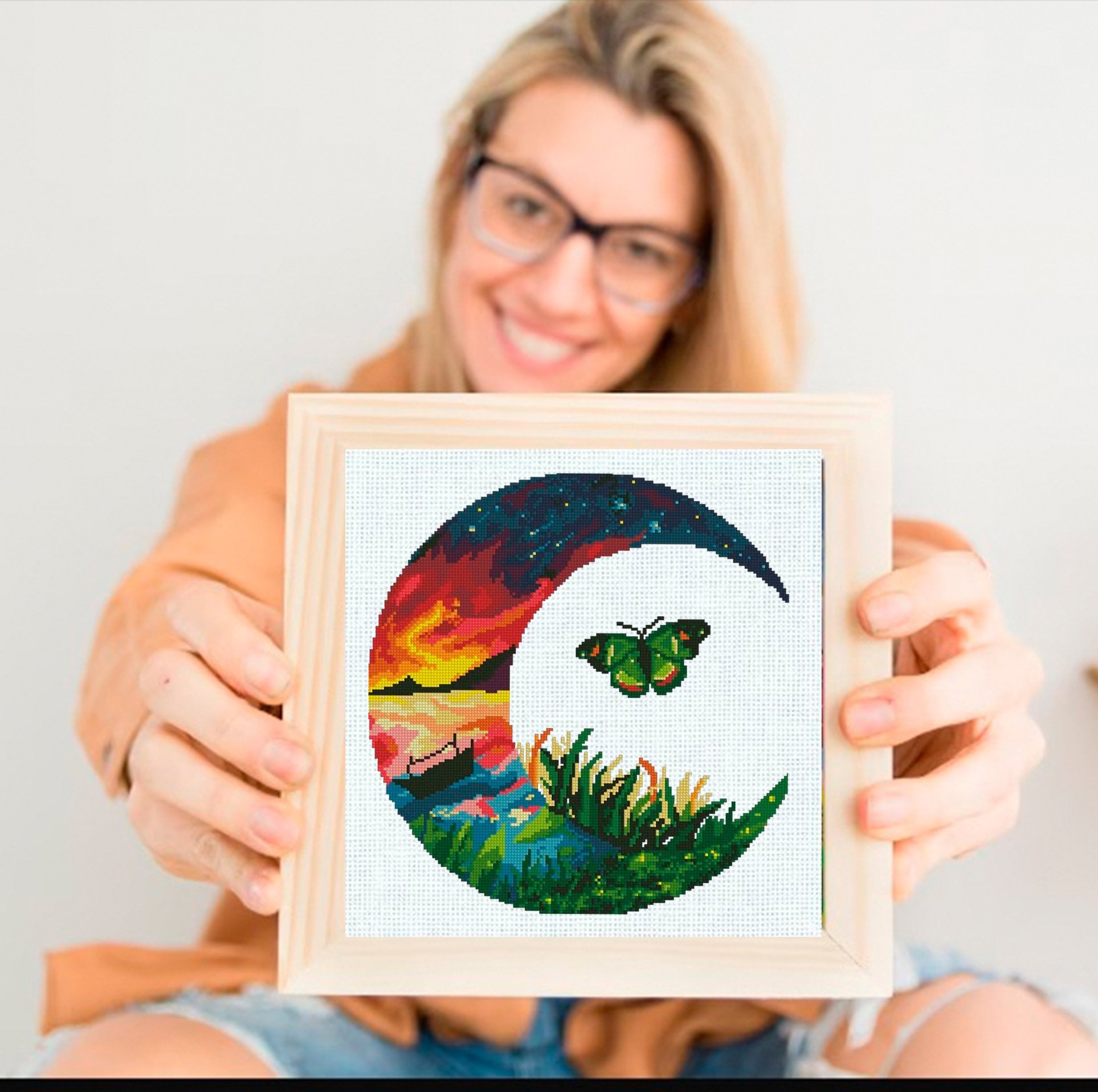 Butterfly Cross Stitch Pattern PDF, Sunset Landscape Embroidery Design, Nature Butterfly Modern Cross Stitch Digital Download PDF - NuttyHappyHobby