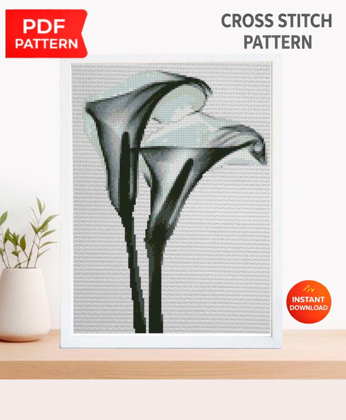 Calla Lily Cross Stitch Pattern PDF, Minimalist Black & White Flower Embroidery Chart, Modern Botanical Hoop Decor, Instant Download - NuttyHappyHobby