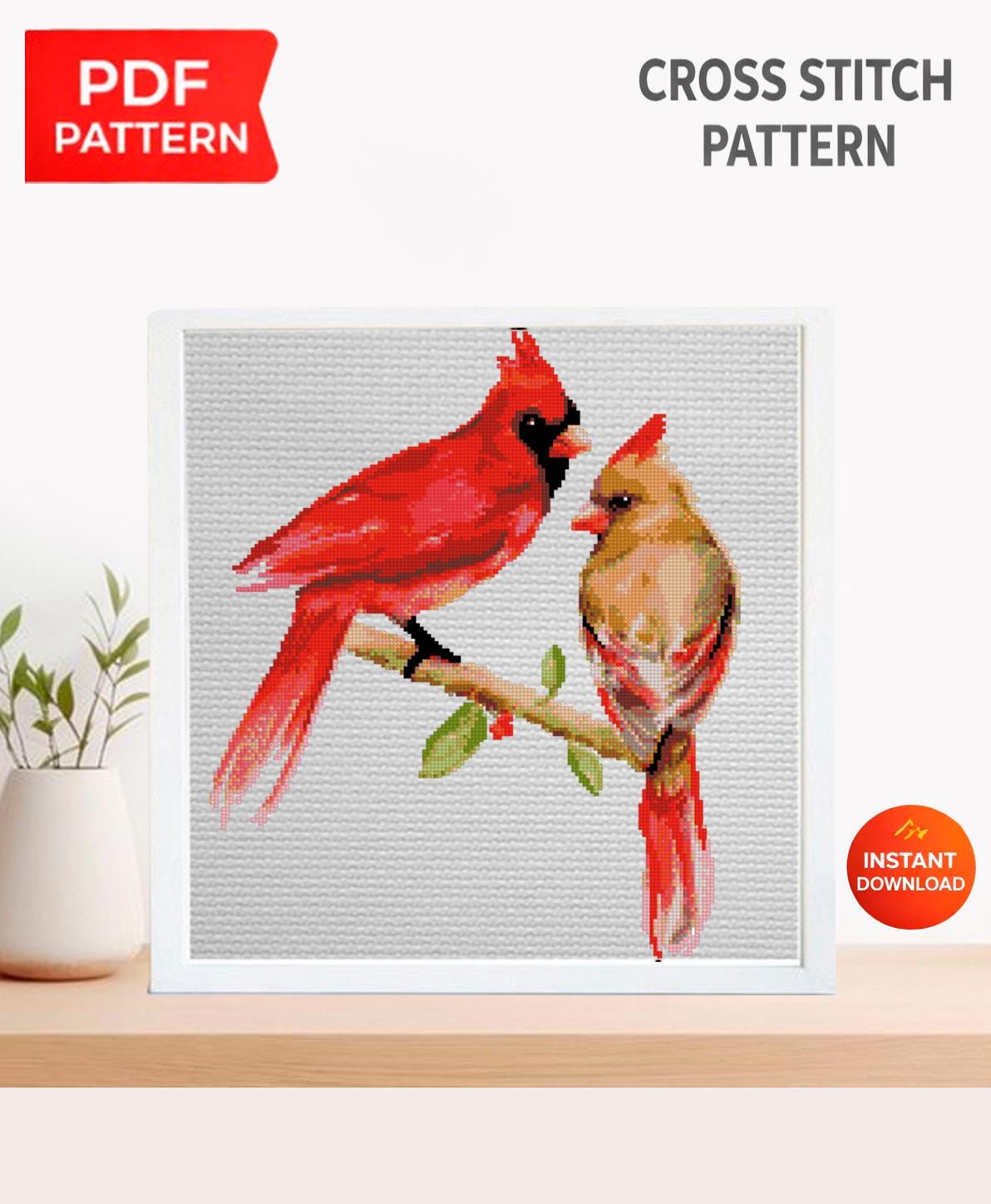 Cardinal Couple Cross Stitch Pattern PDF, Red Cardinal Birds Embroidery Design, Bird Needlepoint Chart, Bird Lover Gift, Wildlife Decor - NuttyHappyHobby