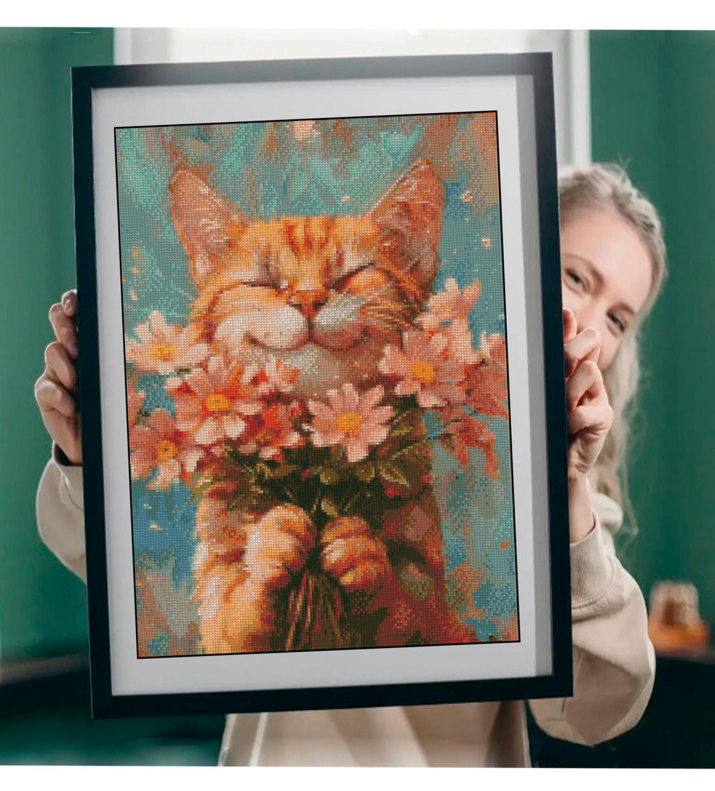 Cat Cross Stitch Pattern PDF, Cute Cat with Flowers Embroidery Design, Floral Cat Cross Stitch Chart, Animal Embroidery Pattern, Pet Stitch - NuttyHappyHobby