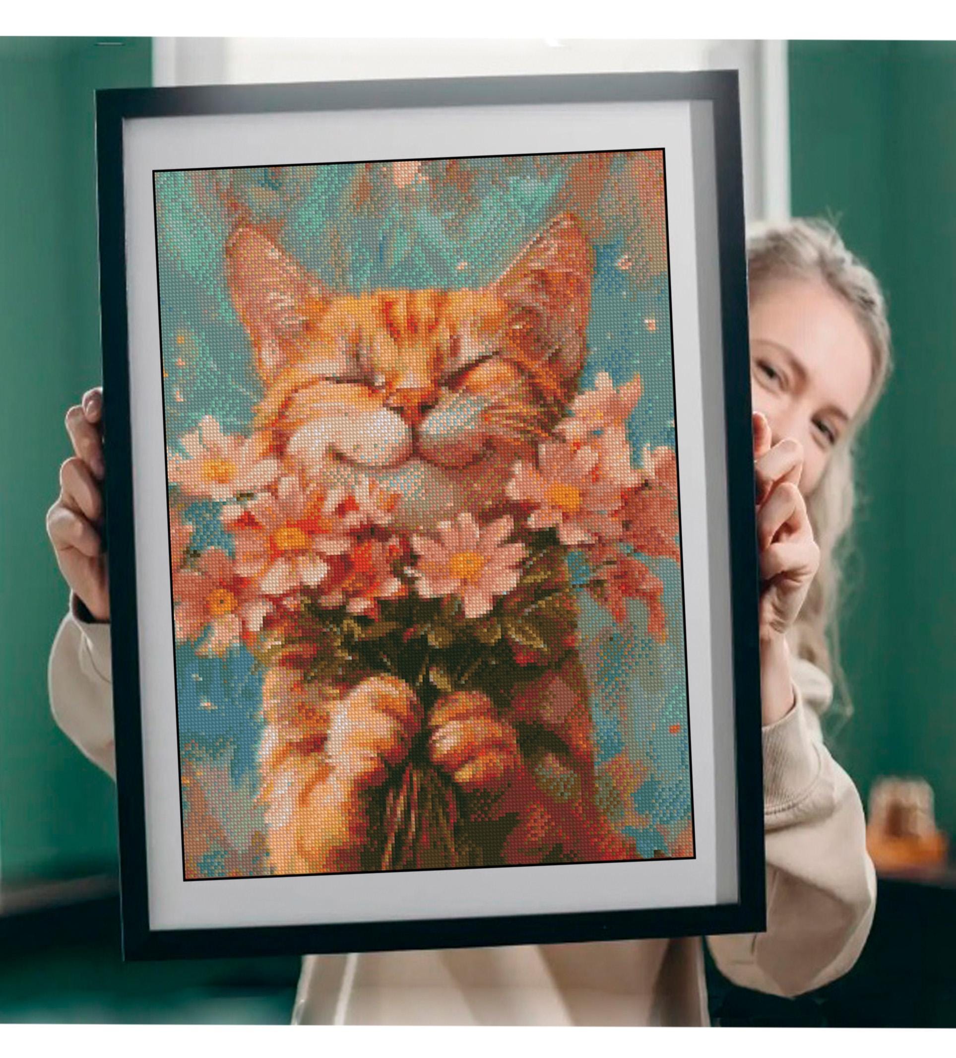 Cat Cross Stitch Pattern PDF, Cute Cat with Flowers Embroidery Design, Floral Cat Cross Stitch Chart, Animal Embroidery Pattern, Pet Stitch - NuttyHappyHobby