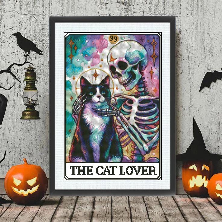 Cat Lover Cross Stitch Pattern PDF, Gothic Cat and Skeleton Embroidery Design, Halloween Cat Cross Stitch, Spooky Cat Decor Instant Download - NuttyHappyHobby