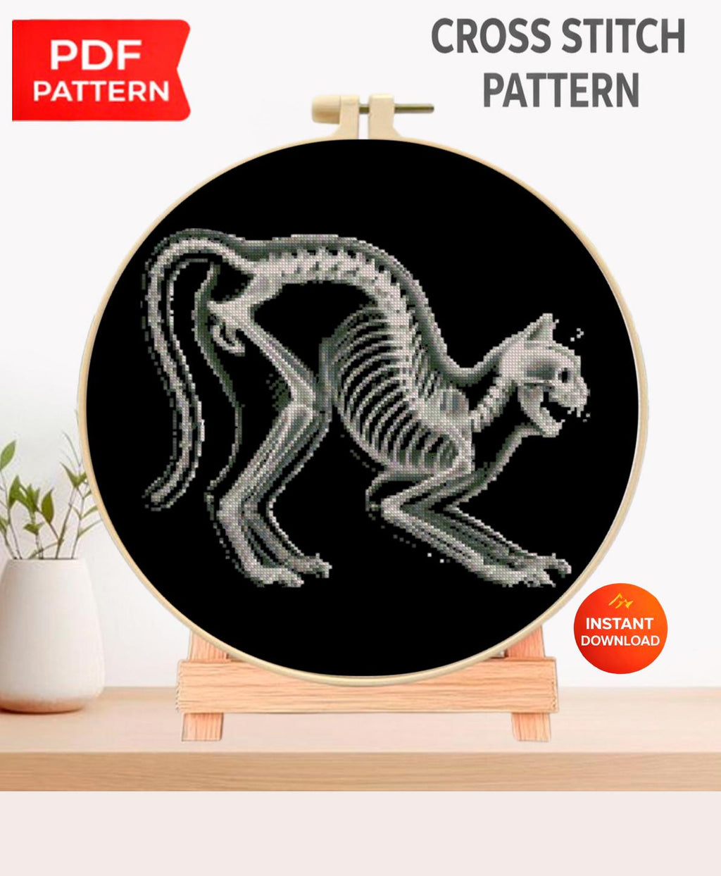 Cat Skeleton Cross Stitch Pattern PDF, X Ray Anatomy Embroidery Design, Gothic Veterinary Art, Halloween Wall Decor Download - NuttyHappyHobby