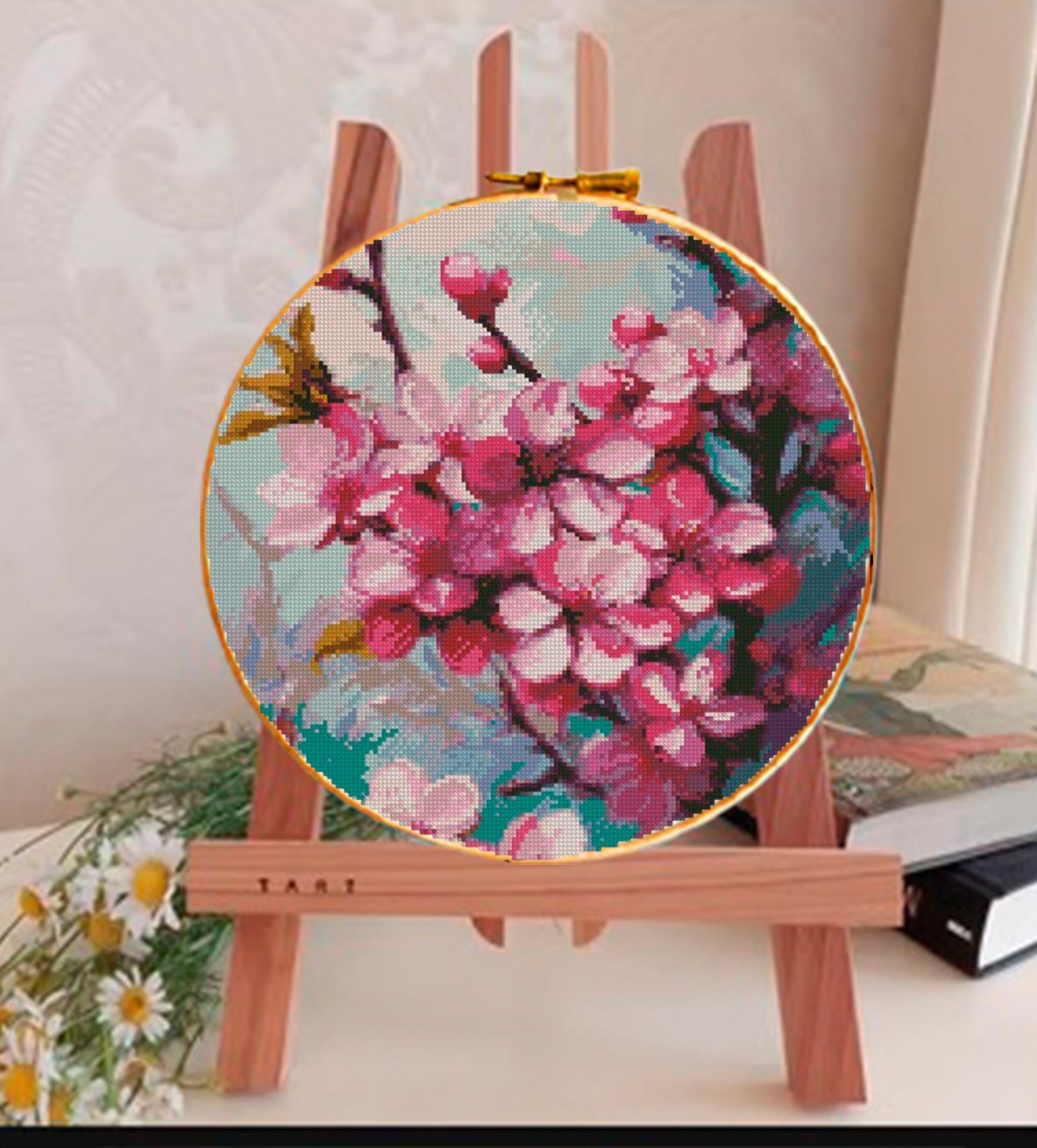Cherry Blossom Cross Stitch Pattern PDF, Sakura Flowers Hoop Design, Floral Embroidery Chart, Spring Botanical Wall Art, Instant Download - NuttyHappyHobby