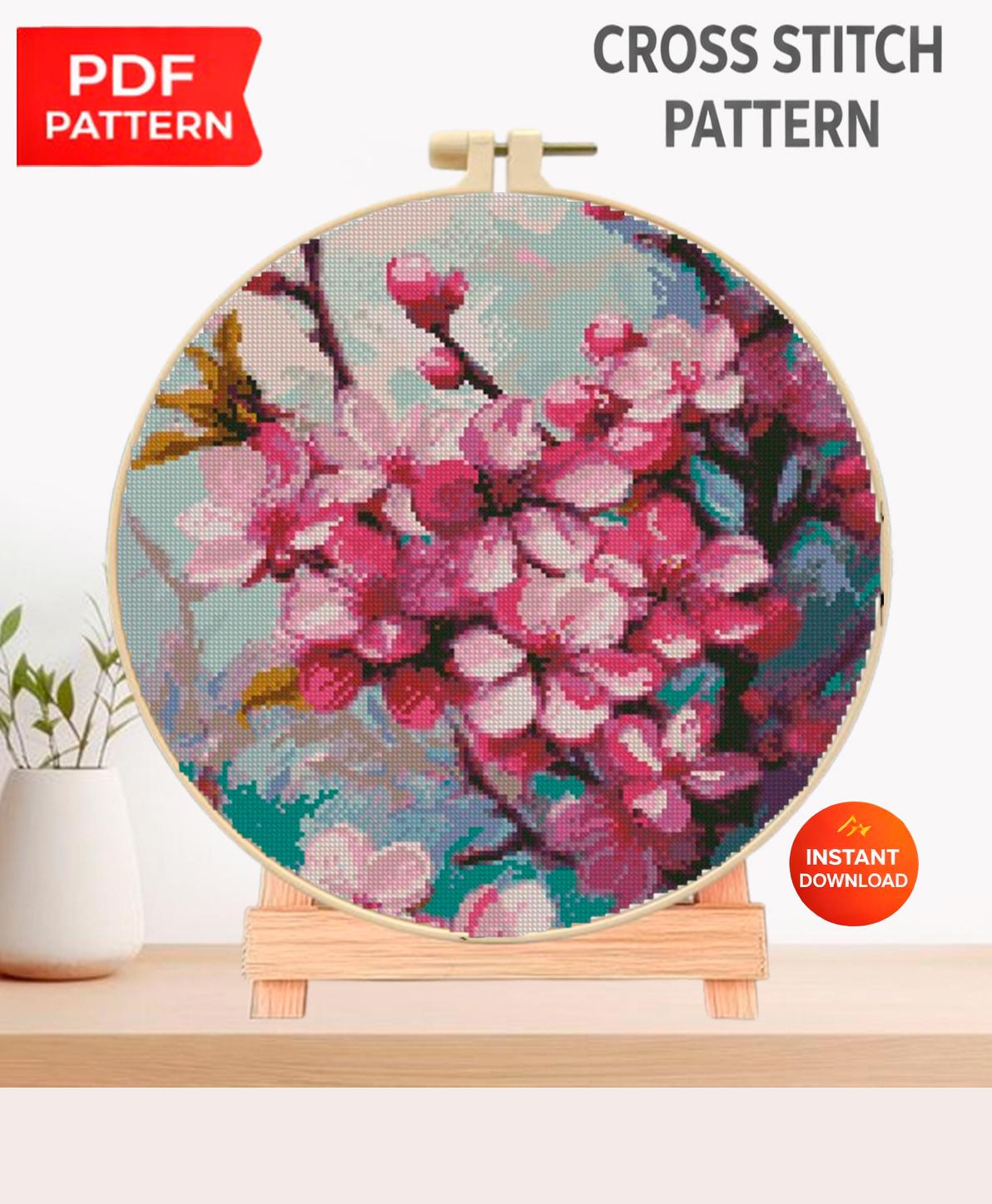 Cherry Blossom Cross Stitch Pattern PDF, Sakura Flowers Hoop Design, Floral Embroidery Chart, Spring Botanical Wall Art, Instant Download - NuttyHappyHobby