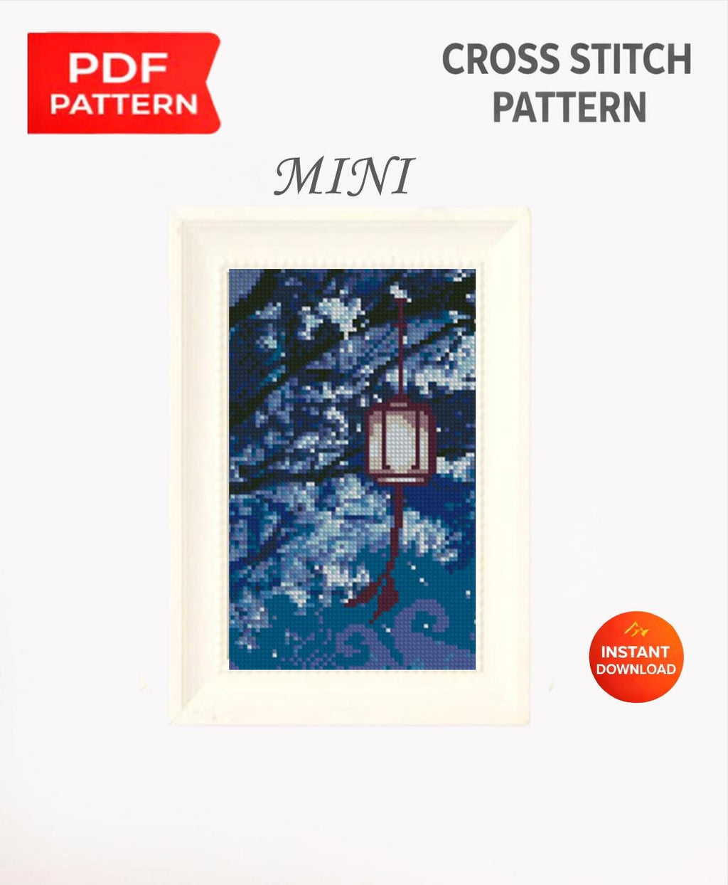 Chinese Sakura Cross Stitch Pattern PDF, Asian Lantern Night Embroidery Design, Japanese Cherry Blossom Cross Stitch Digital Download - NuttyHappyHobby