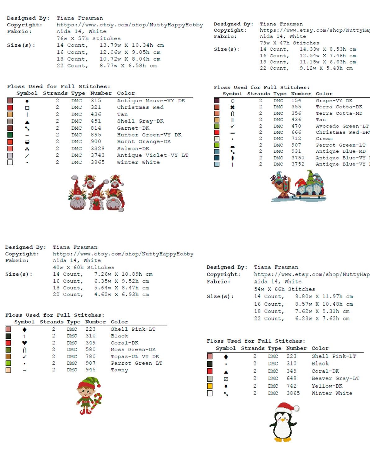 Christmas Cross Stitch Pattern Set PDF, Holiday Mini Cross Stitch Designs Bundle, Santa Tree Gnome Snowman Ornament Needlework Chart - NuttyHappyHobby