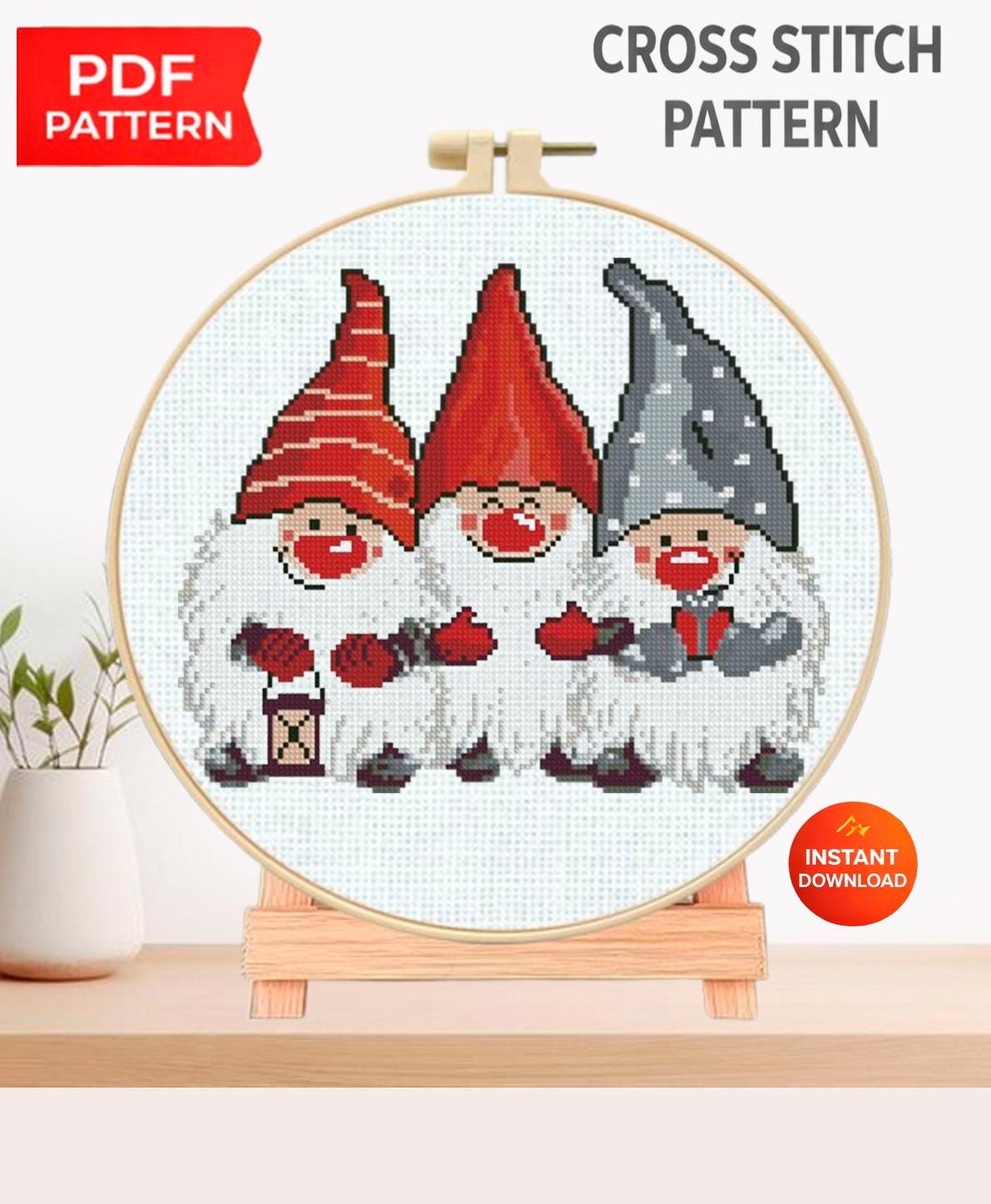 Christmas Gnome Cross Stitch Pattern PDF, Scandinavian Tomte Embroidery Design, Cute Holiday Gnomes Needlework Chart,Festive Christmas Decor - NuttyHappyHobby