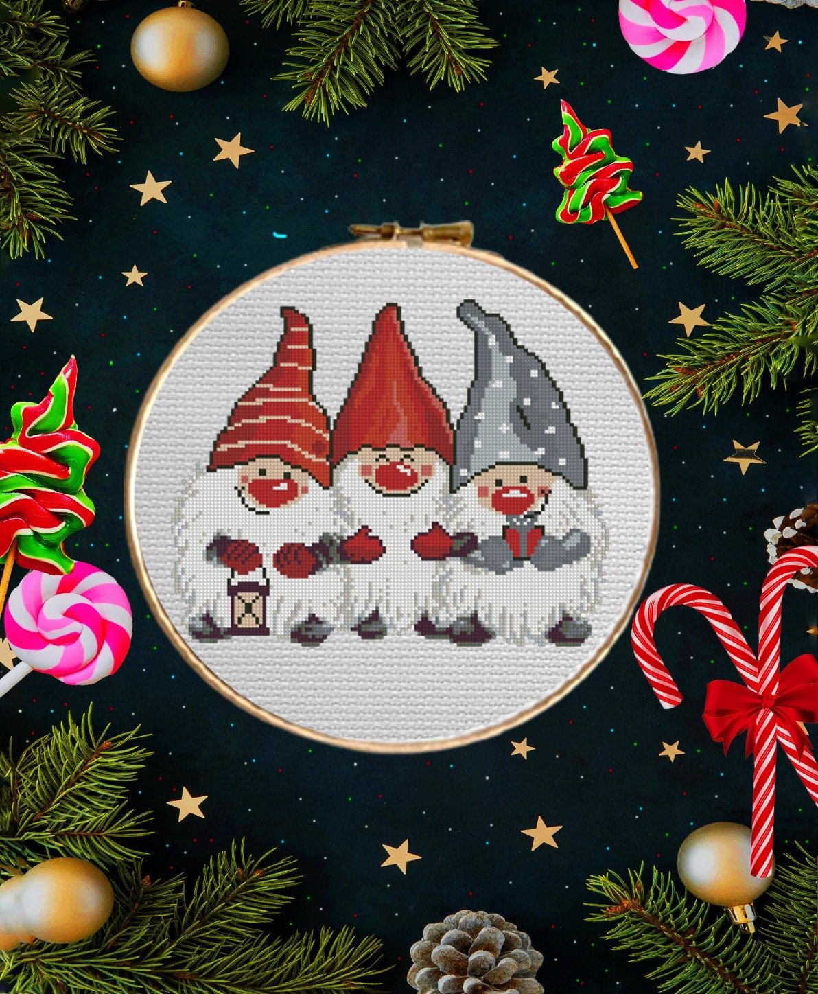 Christmas Gnome Cross Stitch Pattern PDF, Scandinavian Tomte Embroidery Design, Cute Holiday Gnomes Needlework Chart,Festive Christmas Decor - NuttyHappyHobby