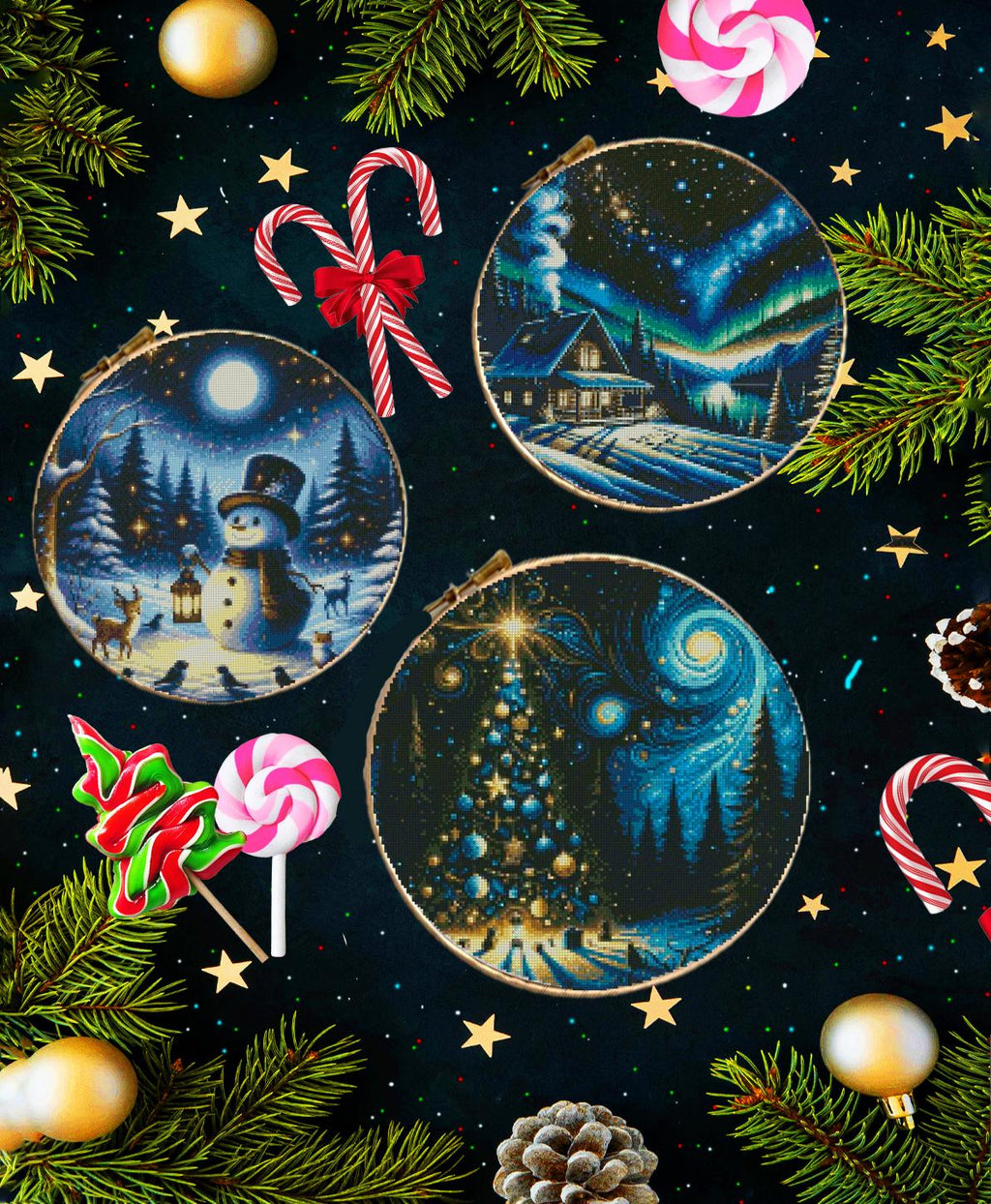 Christmas Ornament Cross Stitch Pattern Set PDF, Winter Holiday Scenes Embroidery Chart, Snowman Cabin Aurora Christmas Tree Needlework - NuttyHappyHobby