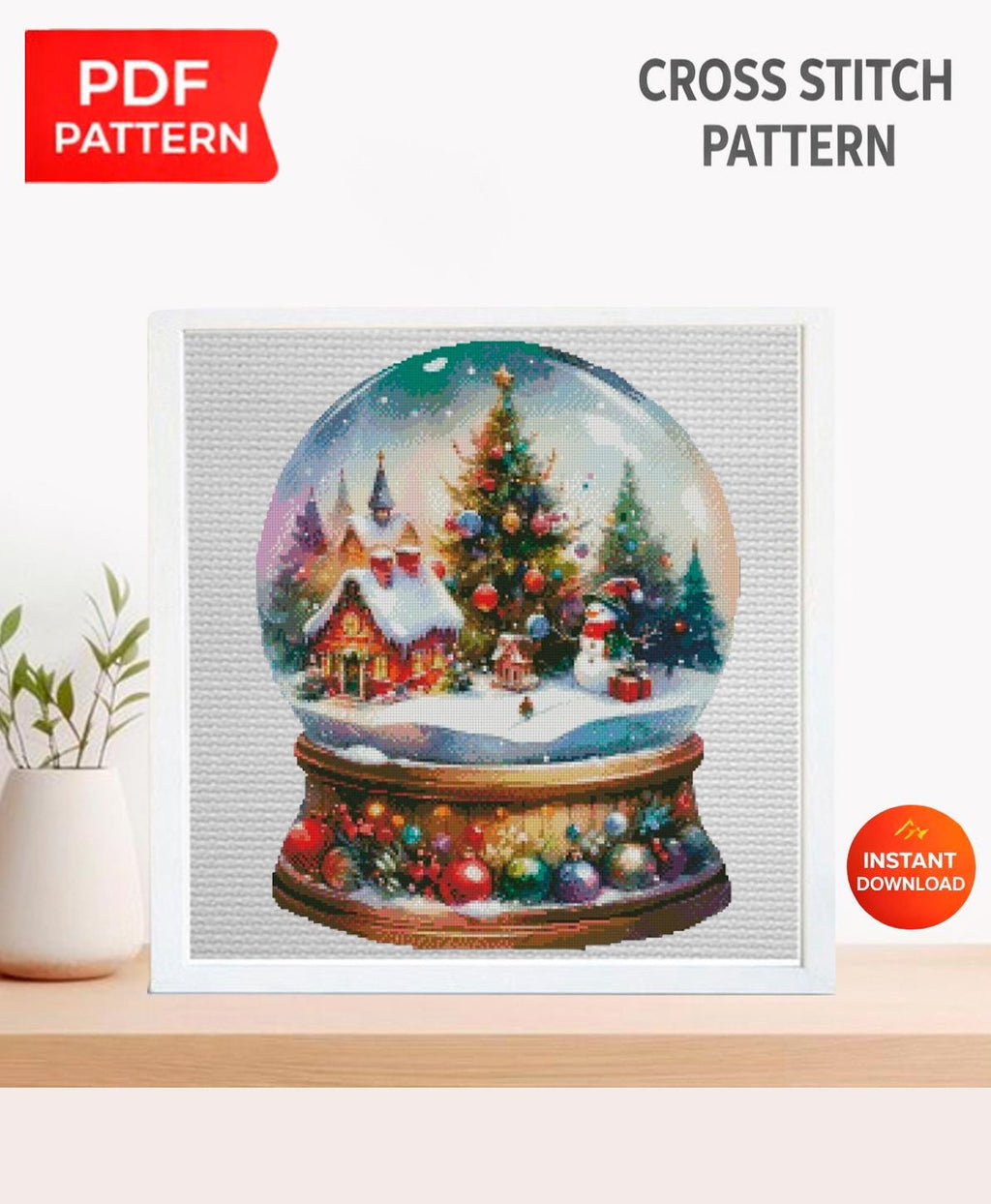 Christmas Snow Globe Cross Stitch Pattern PDF, Winter Village Embroidery Design, Holiday Snow Globe Needlework Chart,Festive Christmas Decor - NuttyHappyHobby