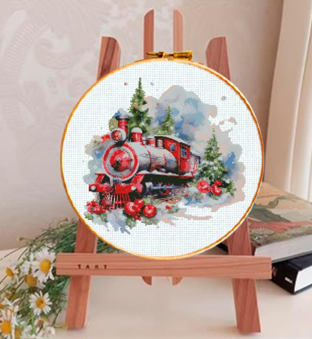 Christmas Train Cross Stitch Pattern PDF, Holiday Locomotive Embroidery Design, Festive Winter Train Needlework Chart, Christmas Decor - NuttyHappyHobby