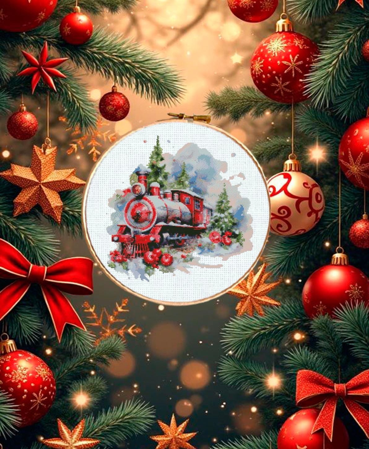Christmas Train Cross Stitch Pattern PDF, Holiday Locomotive Embroidery Design, Festive Winter Train Needlework Chart, Christmas Decor - NuttyHappyHobby