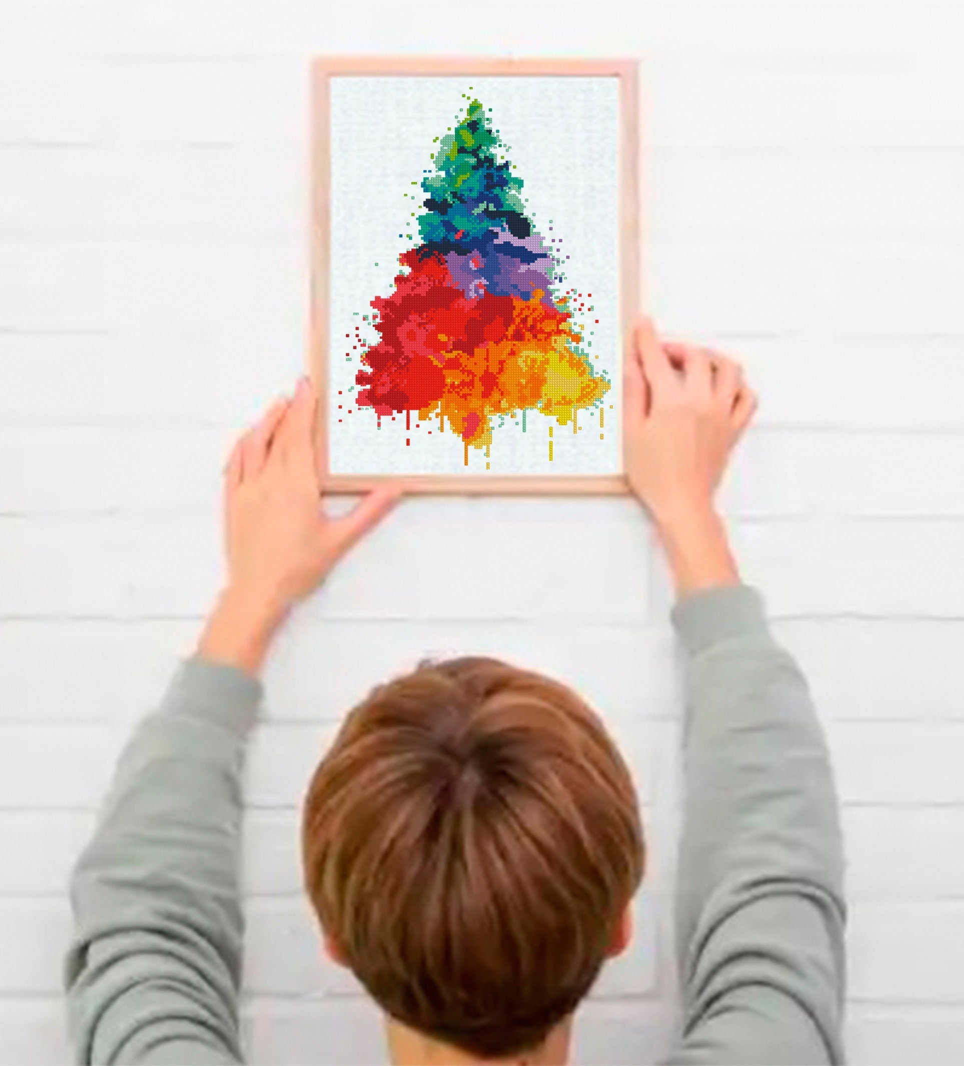 Christmas Tree Cross Stitch Pattern PDF, Colorful Modern Xmas Embroidery Design, Watercolor Christmas Tree Chart, Holiday Needlework pattern - NuttyHappyHobby